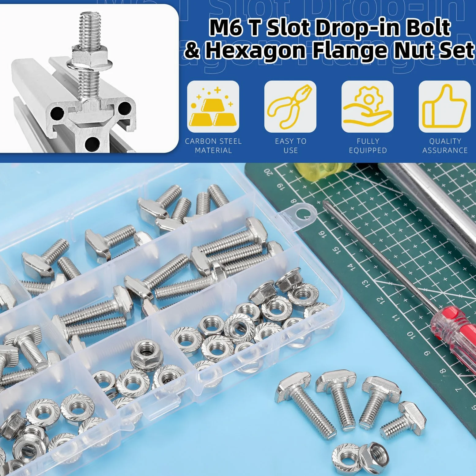 Glarks 80 pernos M6 con ranura en T con juego de tuercas de brida hexagonal, perno en T de cabeza de martillo de 12/16/20/25 mm, tornillo deslizante en forma de T, perno de tornillo en T para perfil