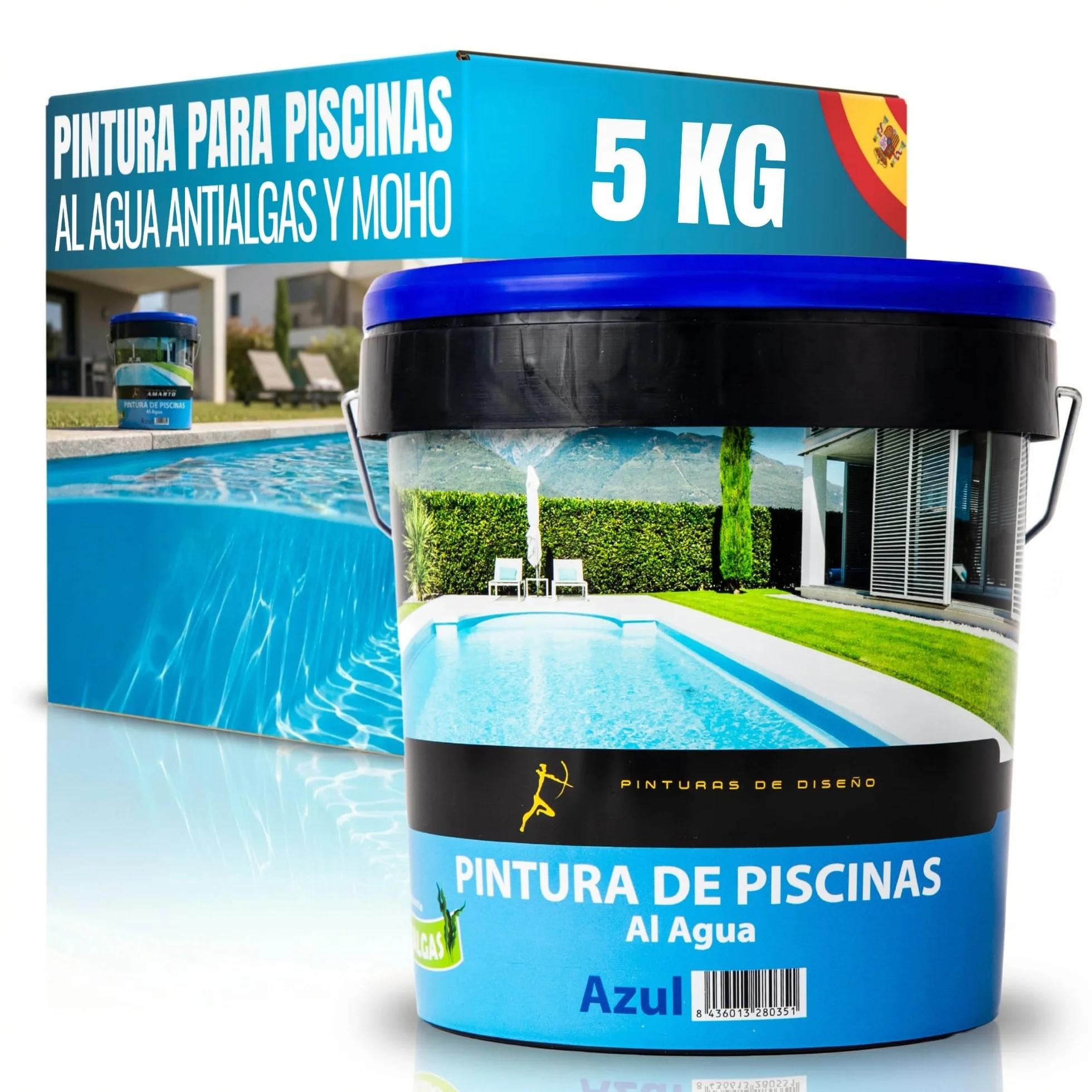 Pintura para Piscinas Al Agua Antialgas AZUL, 5 Litros Alta Resistencia Rayos UV Cemento, Hormigón Secado Rápido Aplicación Sencilla
