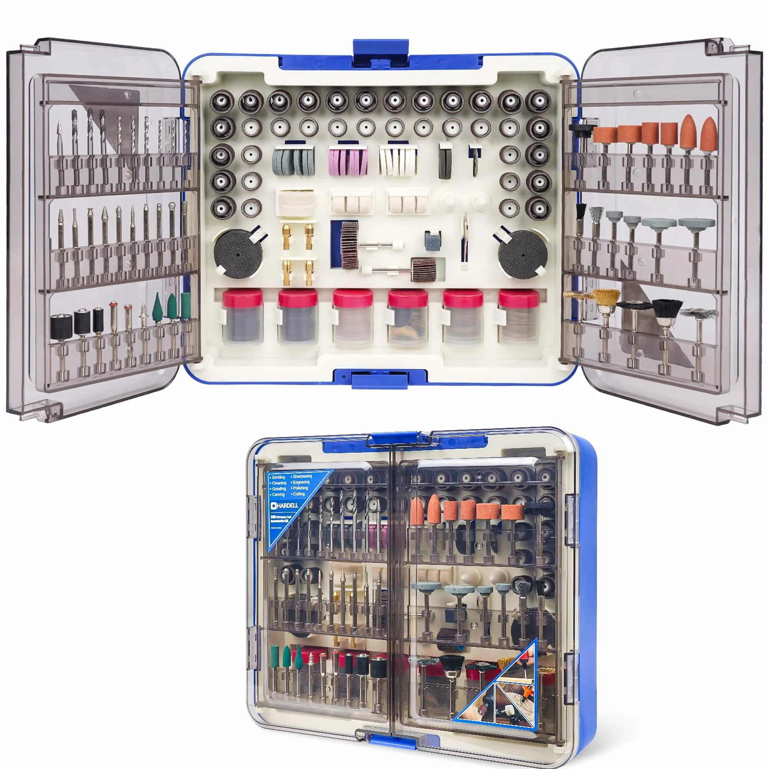 HARDELL Kit 508 Piezas para Herramienta Rotativa, compatible Dremel. Accesorios 1/8" (3.2mm) para lijar, taladrar, pulir, tallar y grabar. ¡Multiusos y completo!