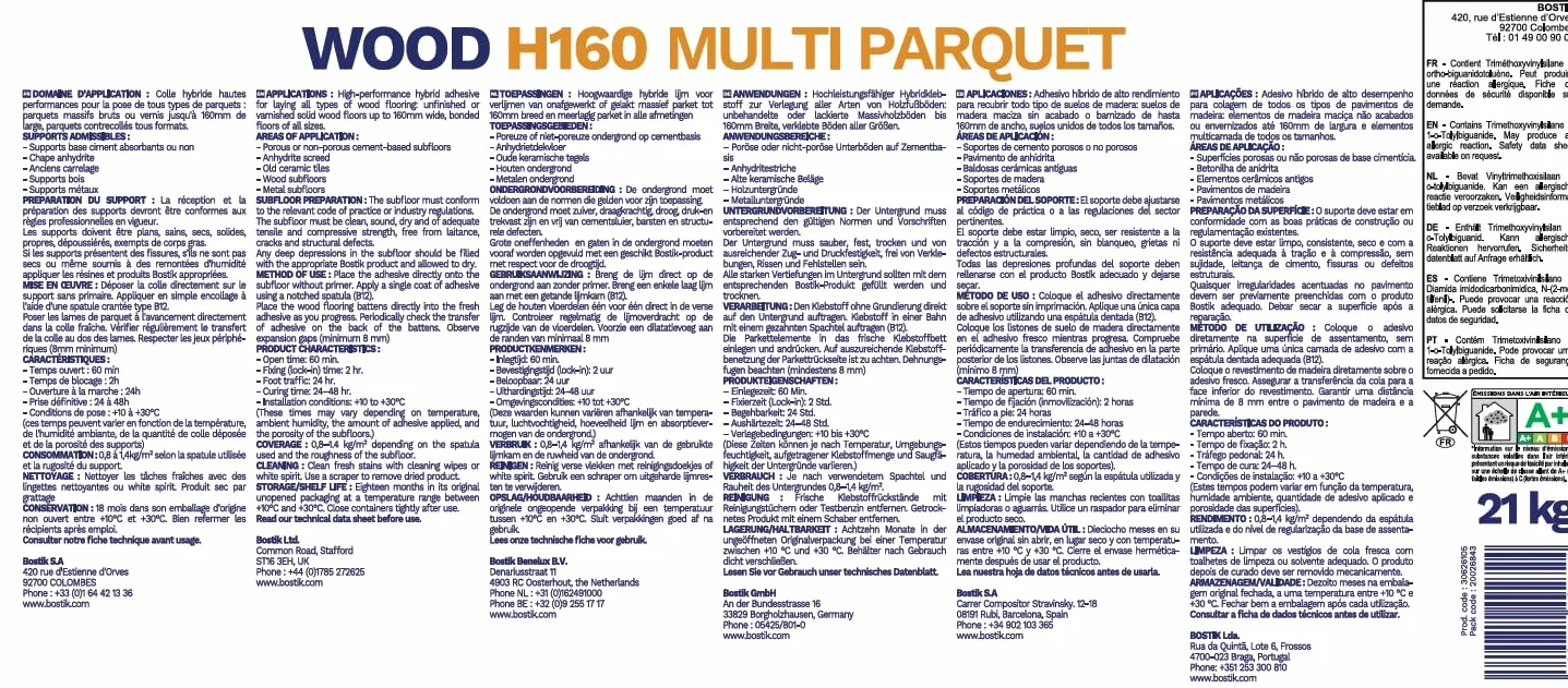 BOSTIK WOOD H160 MULTI PARQUET Beige, Adhesivo Híbrido para Pavimentos de Madera, 21 kg