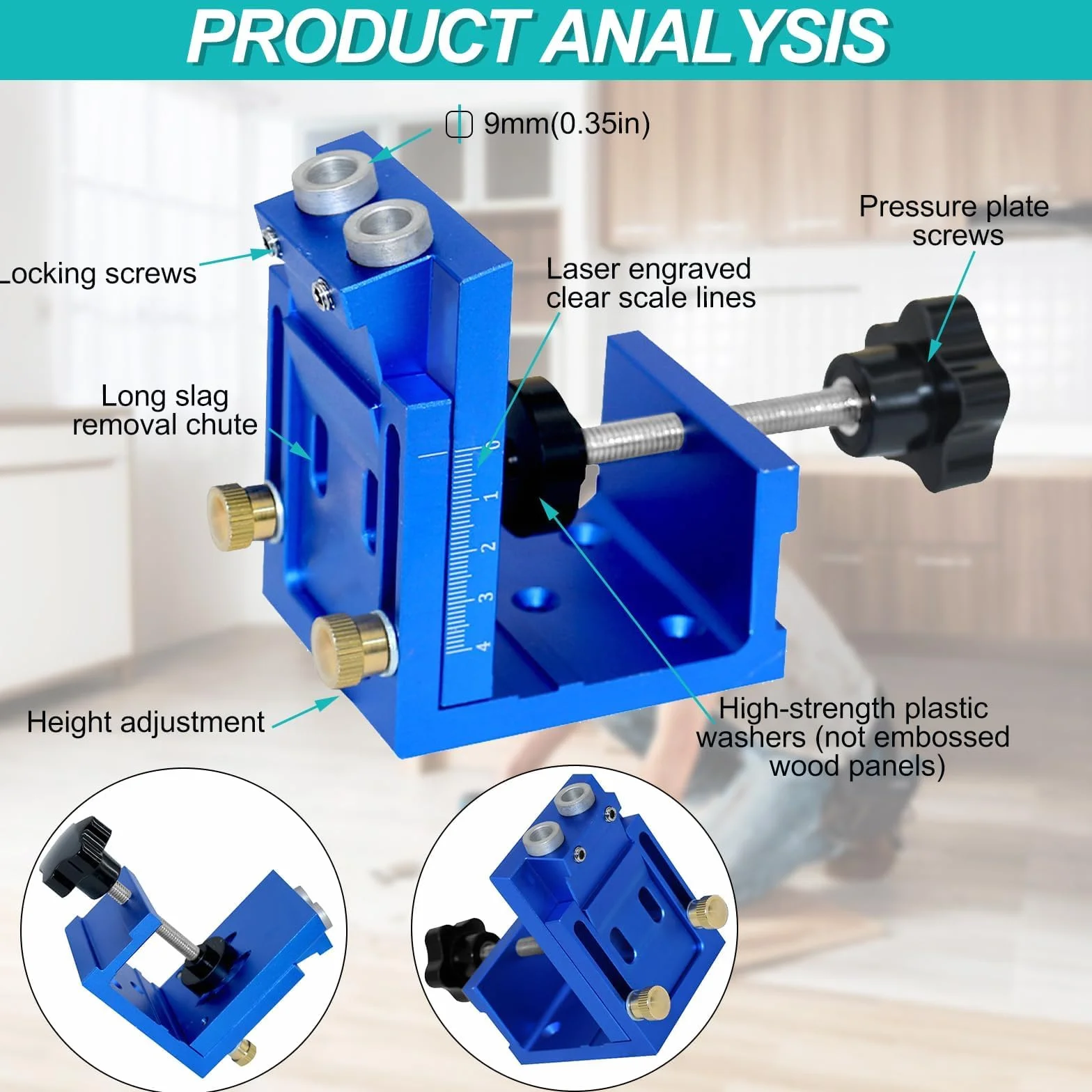 Ajustable Guia taladro, Azul Retirable Pocket Hole Jig, Plantilla Perforación Agujeros Bolsillo con 2 Brocas de 9 mm, para Carpintería y Fabricación de Muebles (Azul)