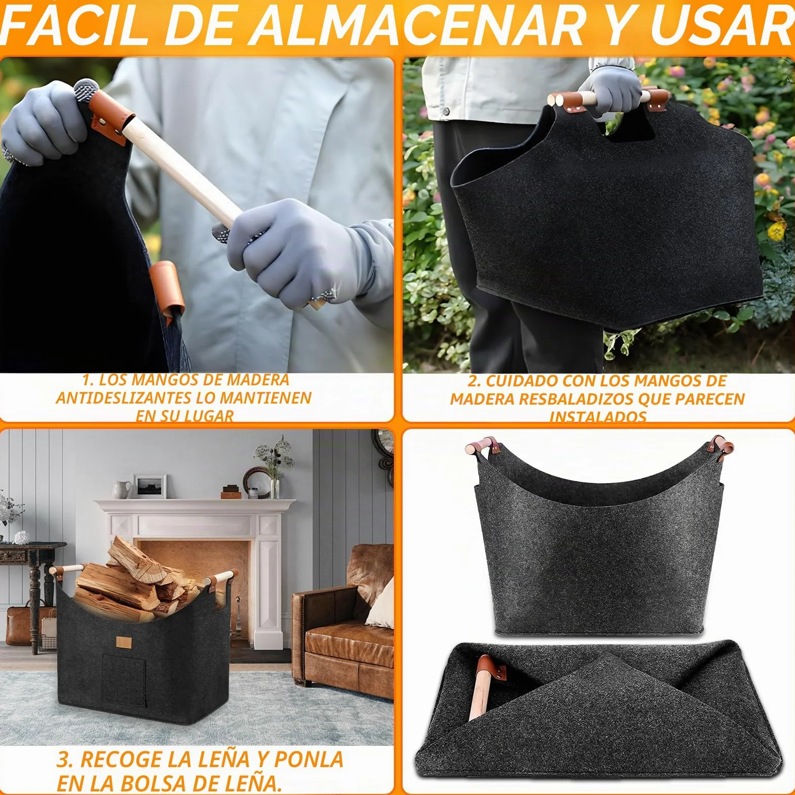 96LCesta para Leña de Chimenea, Cesta de Leña, Plegable Bolsa de Fieltro para Leñas, Cestas para Leñas con Asas, 60x40x40 Cestas Leñas, Cestass de Fieltro para Leñas de Chimenea, Gris Oscuro