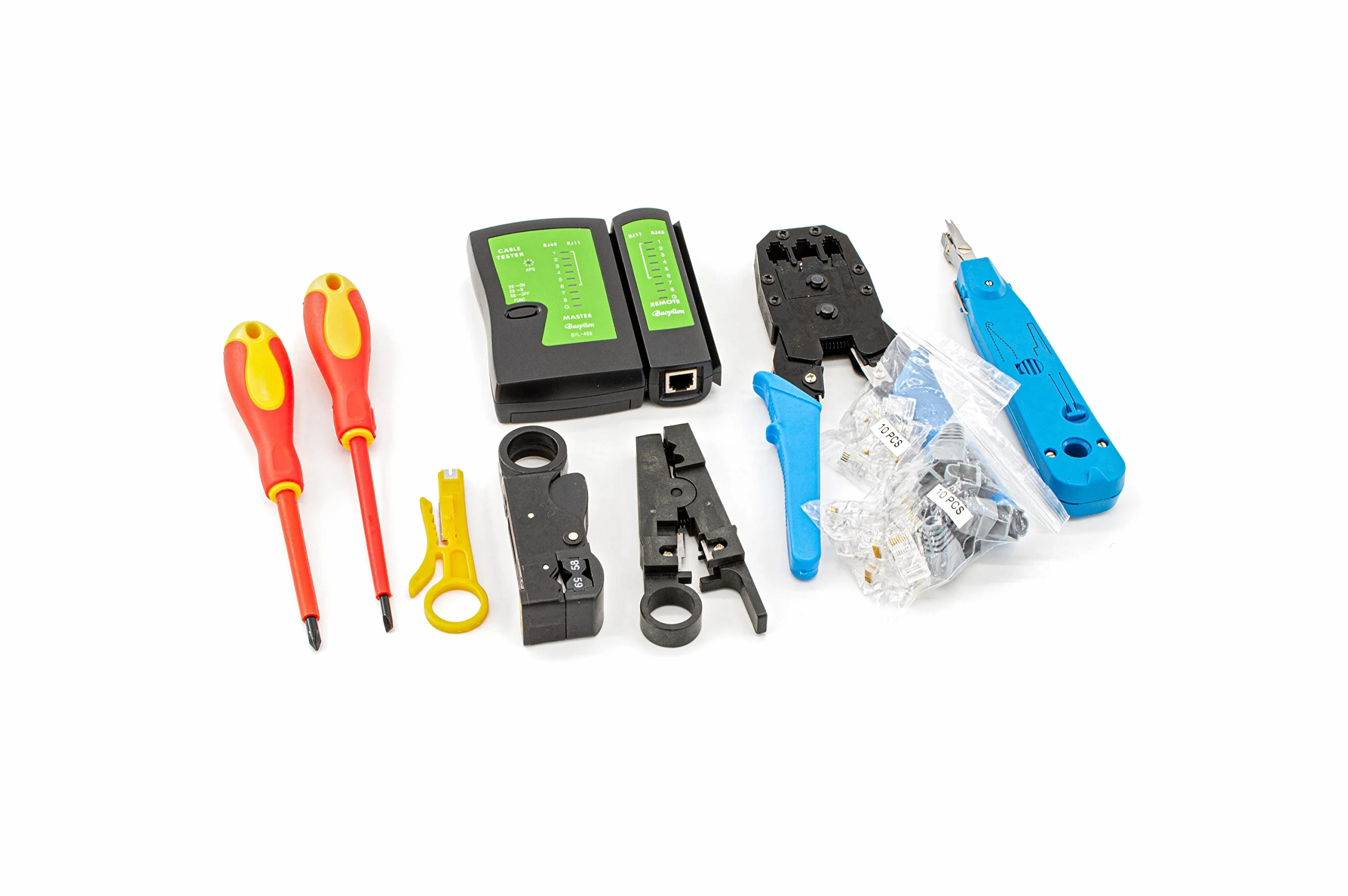 Juego de herramientas de red (incluye comprobador de red RJ45, LSA+, crimpadora, 2 pelacables, 2 x 10 conectores RJ11/RJ45 en bolsa estable, 10 piezas)