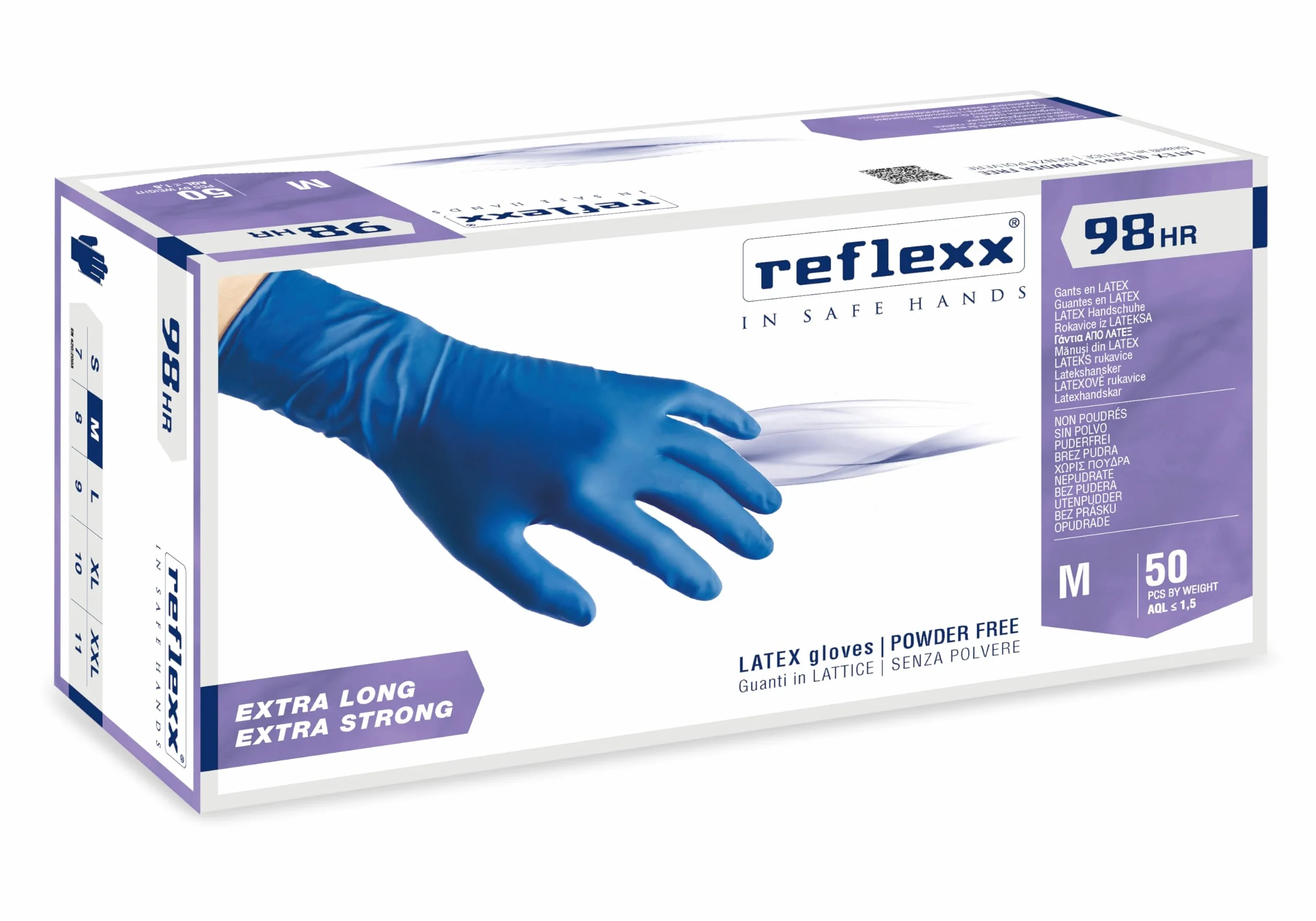 Reflexx R98/M "hirisk", alta resistencia sin polvo guantes de látex Gr 18,5, tamaño M, azul (Pack de 50)