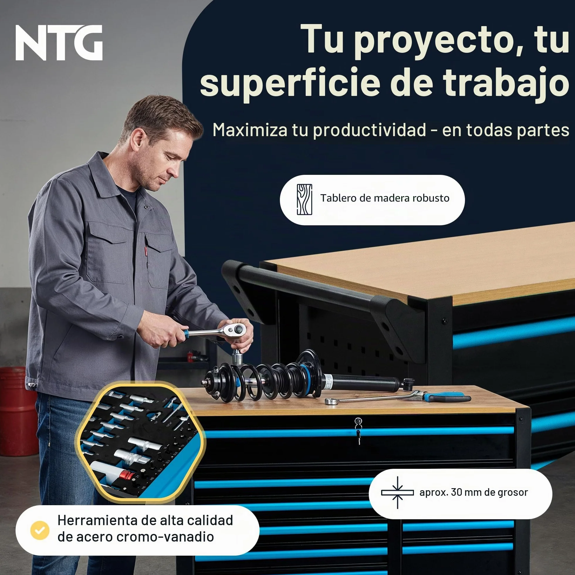 NTG Carro de herramientas XXL 471 piezas 12 cajones con tablero de trabajo de madera con llave móvil sobre ruedas Gabinete profesional de metal para garaje y taller