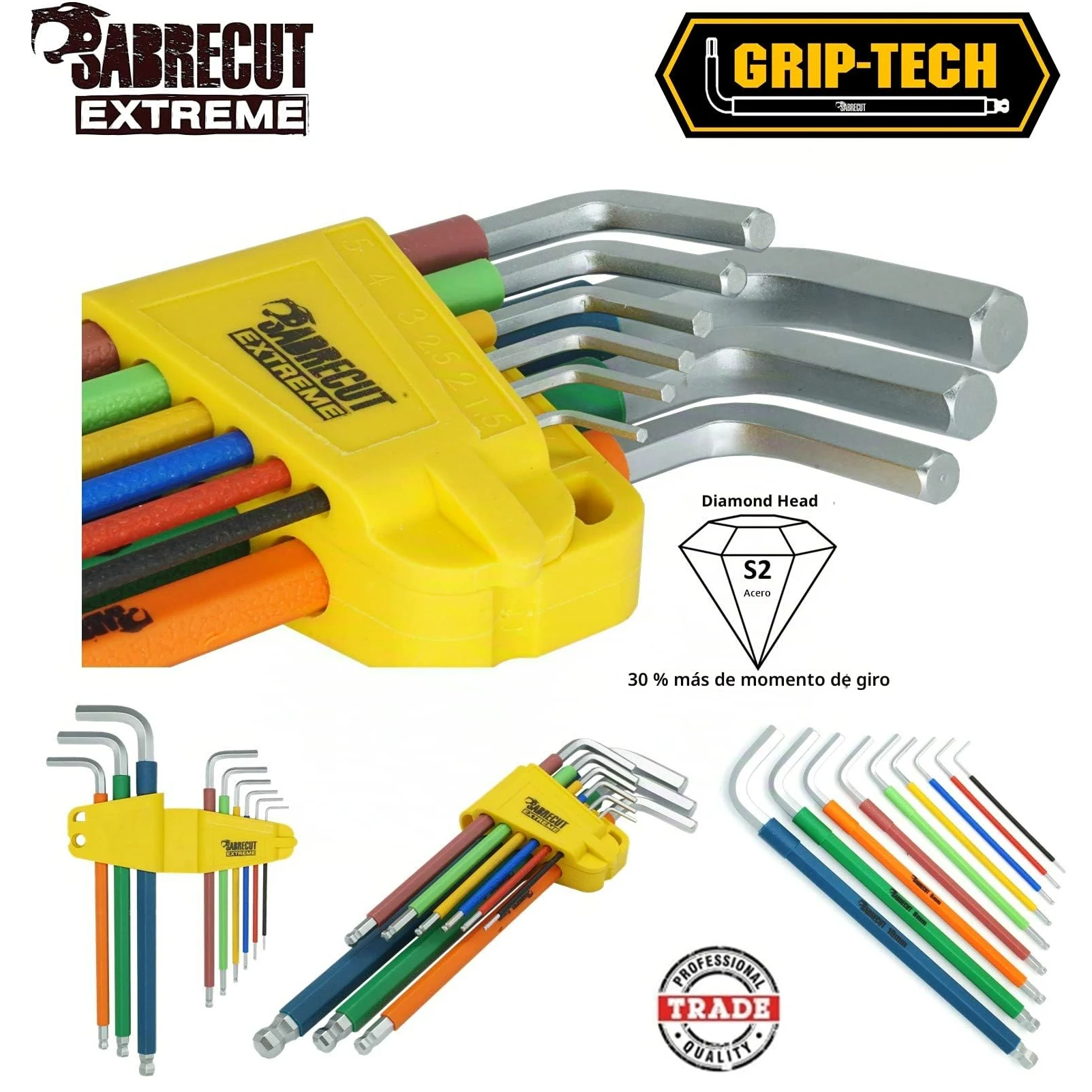 Juego de llaves Allen SabreCut SCHEX009S de agarre suave hexagonales extralargas y de diamante hexagonal Hex Plus de 9 piezas con codificación de colores 1,5mm - 10mm