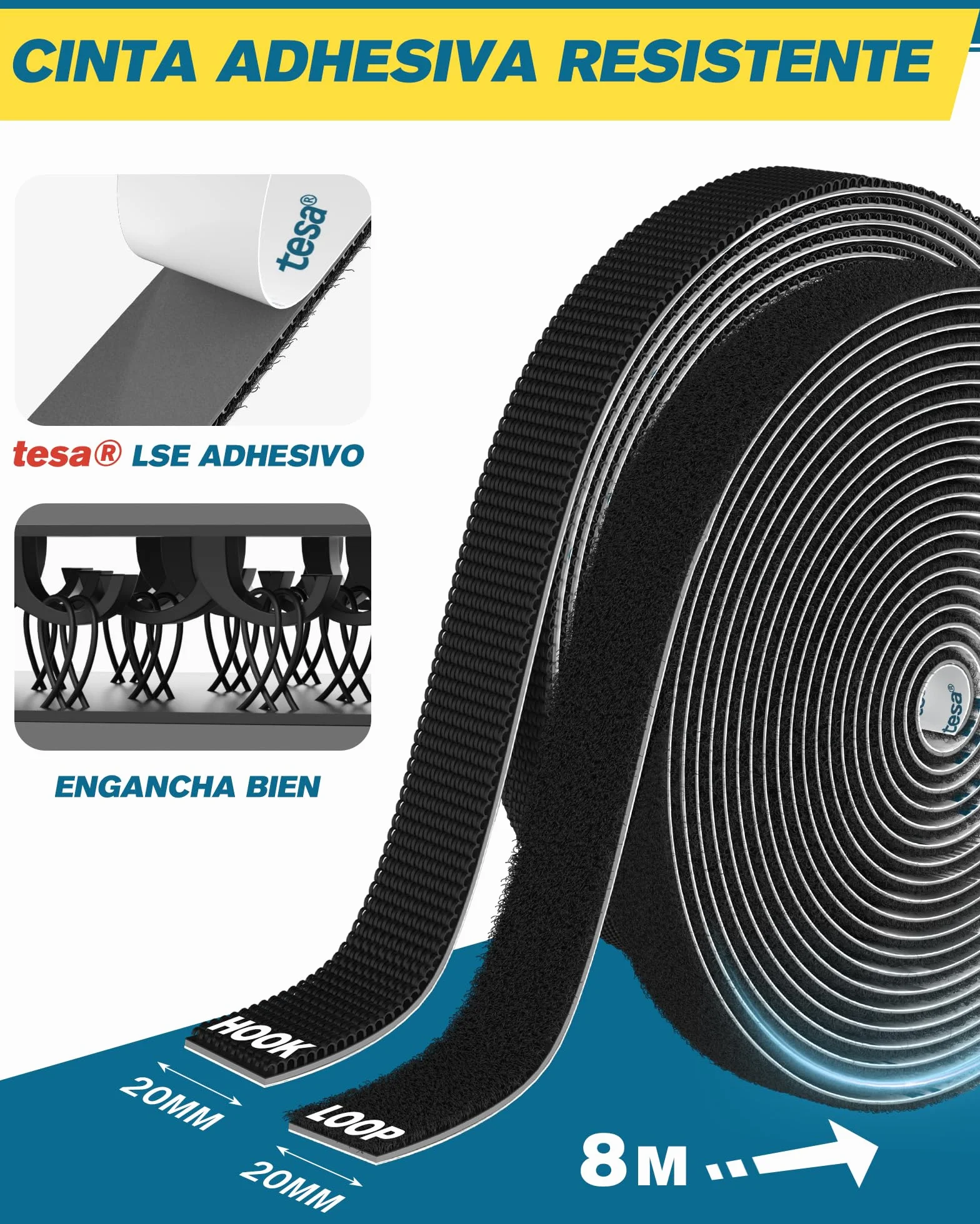 EMITEVER Autoadhesiva Doble Cara, Hook y Loop Tape Extrafuerte, Gancho y Cinta de Lazo Para Marcos De Fotos, Mosquiteras, Alfombrillas, Automóviles y Hecho a Mano (Negro, 8M X20mm)