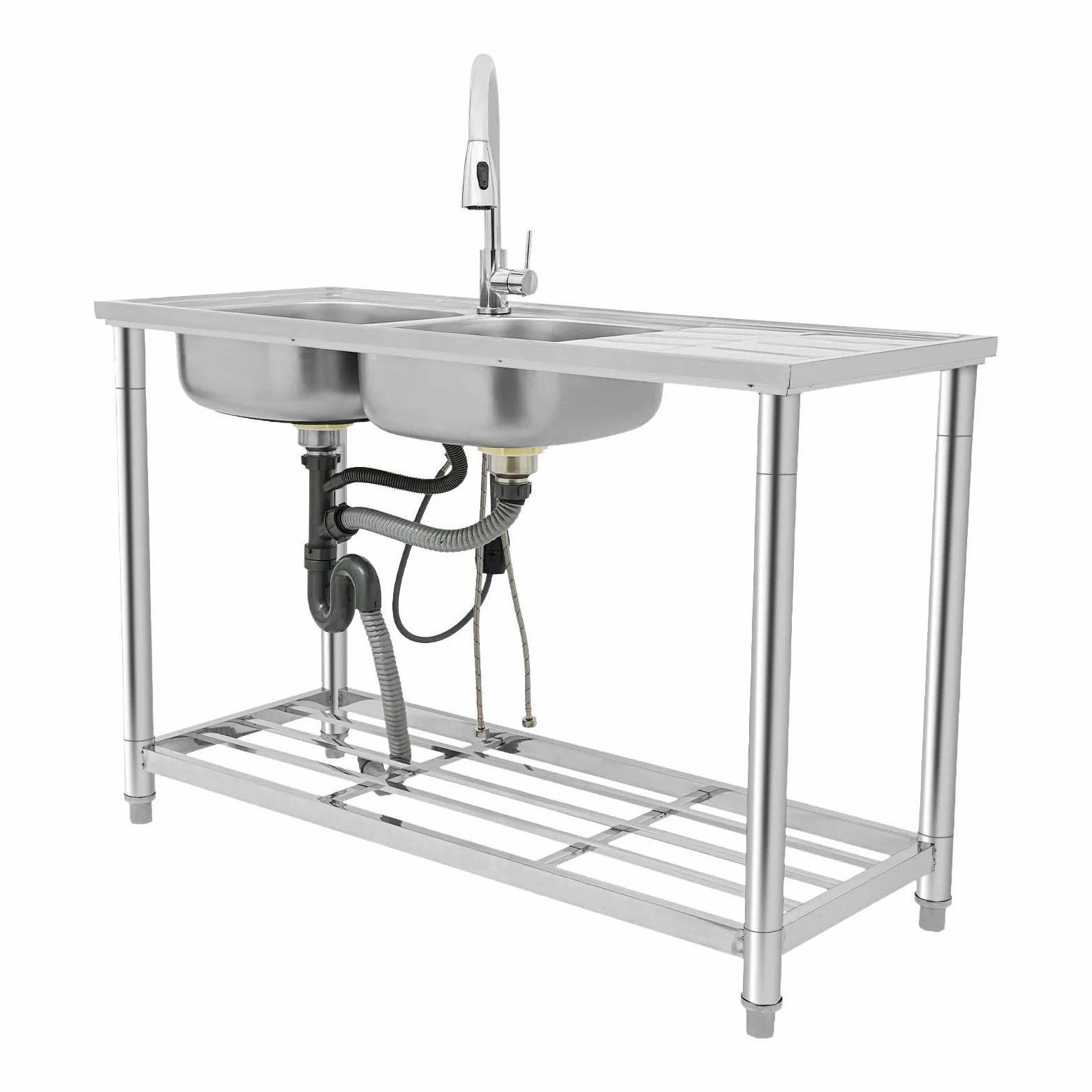 Fregadero de cocina independiente, 120 x 50 x 80 cm, de 2 cámaras, de acero inoxidable, con grifo extensible de 360 ° y lado de estante, patas ajustables para cocina, restaurante, garaje, plateado