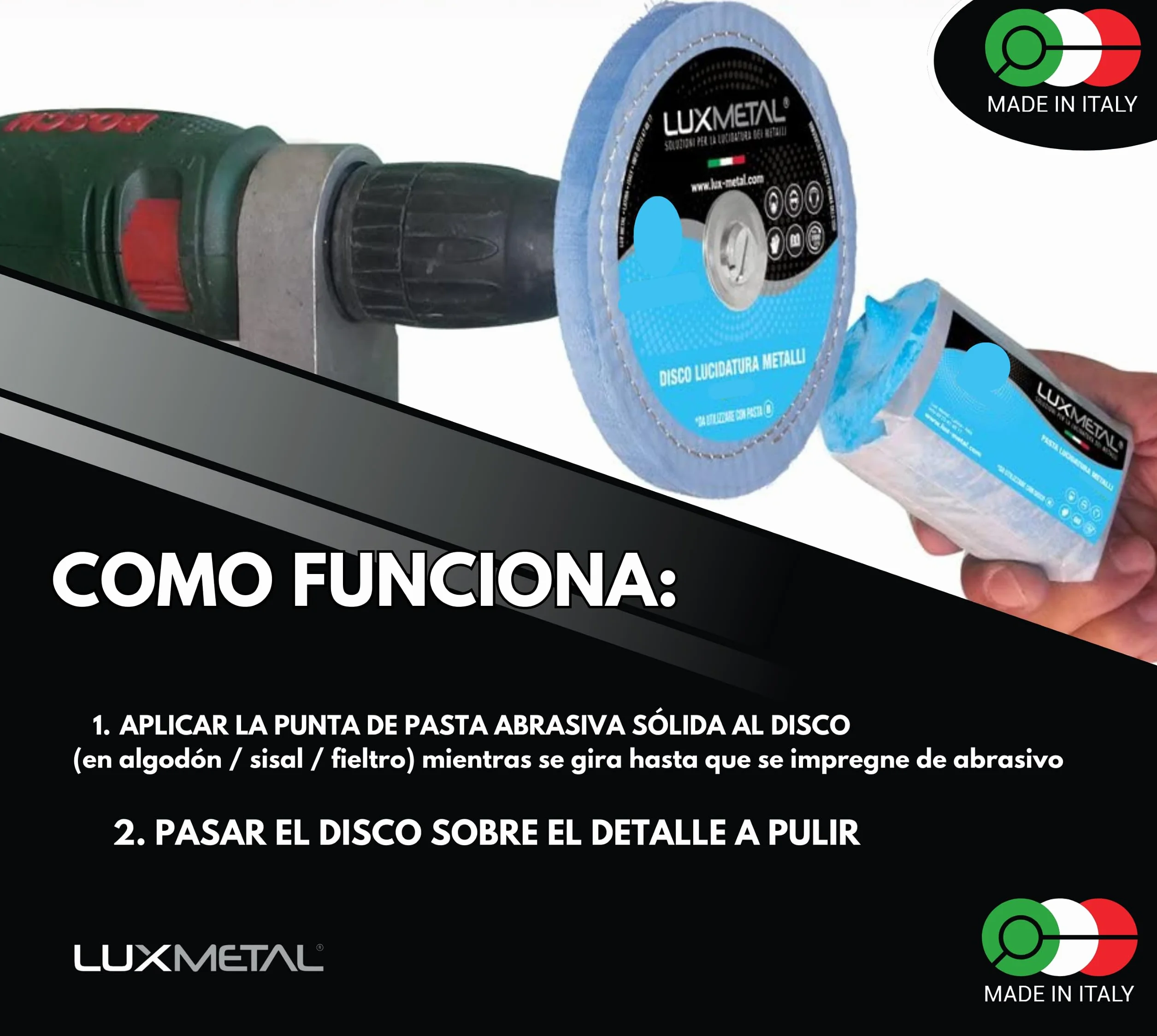 Lux Metal - Kit de Pulido 2 Pasta de Pulido Abrasiva de 250 g y 2 Discos de Pulido 100 mm Sisal Algodón Discos Broca para Pulir Metales Acero Inoxidable Aluminio Set de Pulido Latón Cobre Rueda