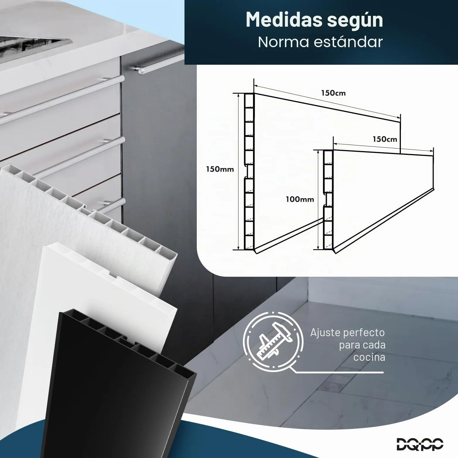 DQ-PP Zócalo de Aluminio Cepillado y Plástico para Cocina Empotrada - 1,5 m, 150 mm - Rodapiés y Perfil de Zócalo