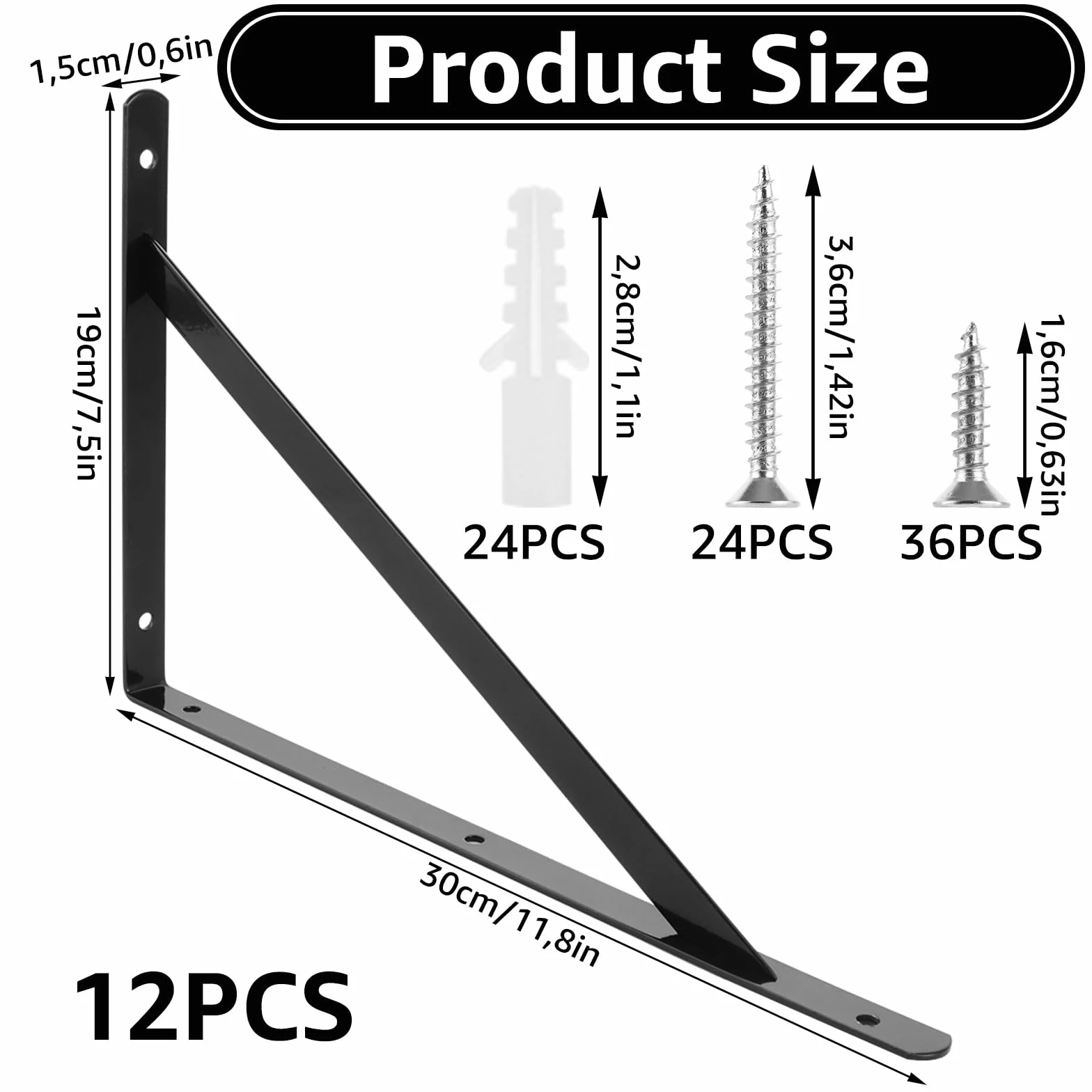 12 soportes para estanterías de 190 x 300 mm, color negro de metal, ángulo de carga pesada para montaje en pared, mesa plegable para montaje en pared, banco de trabajo, estantería de