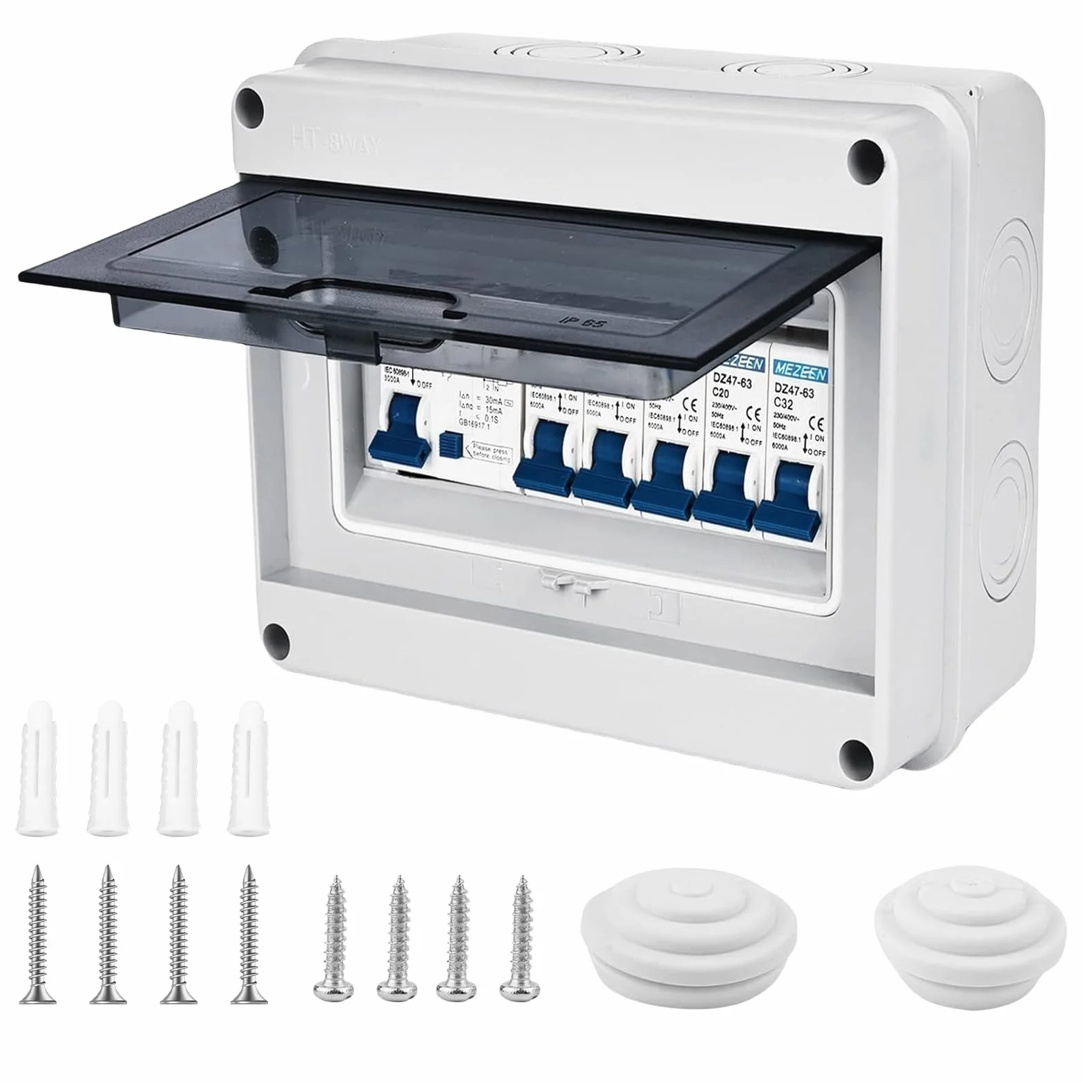 Caja de fusibles de superficie IP65 con disyuntor, disyuntor 63 A, 4 vías, 2 x 6 A+10 A+20 A+32 A, subdistribución en superficie, interruptor de separación CA, distribuidor pequeño, caja de