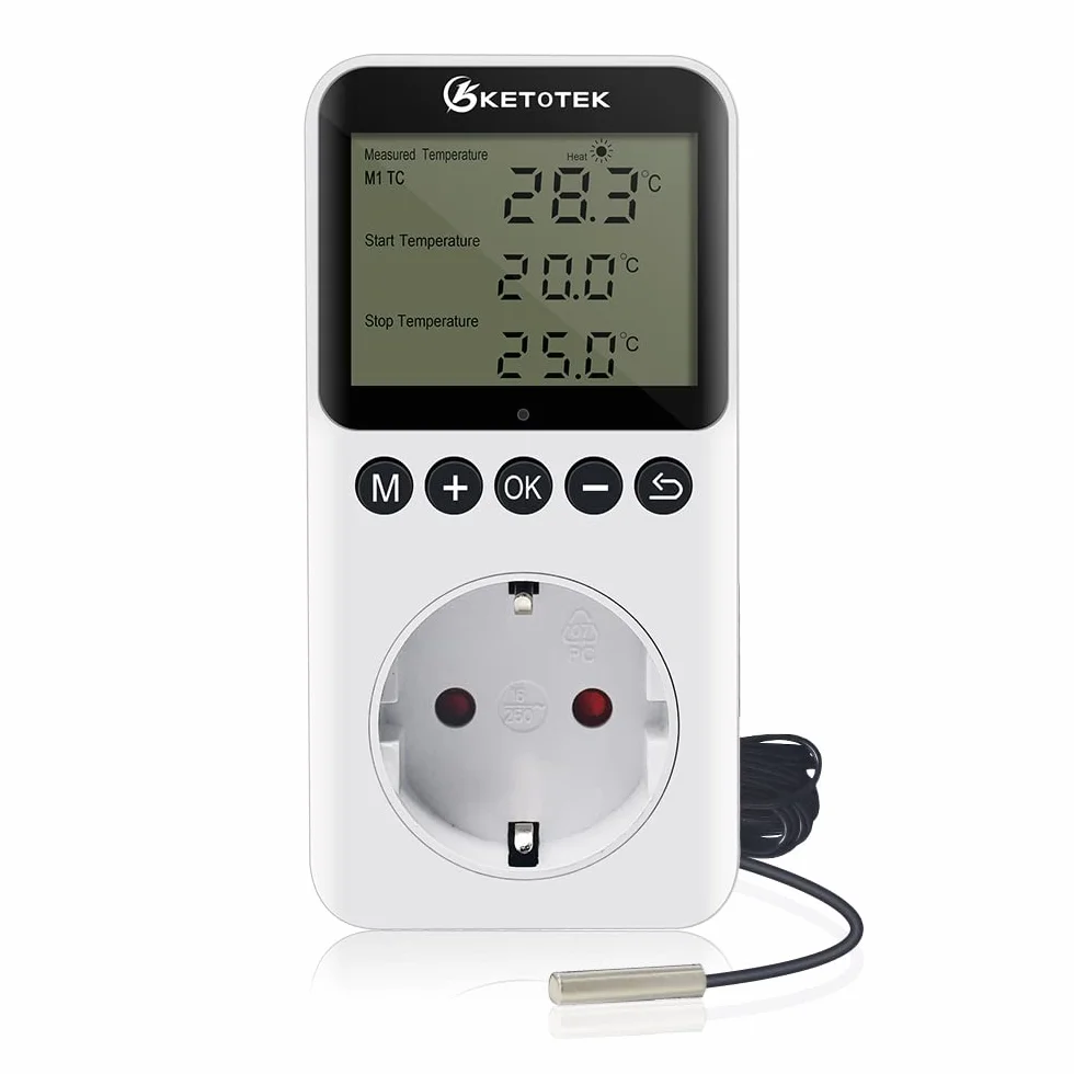 KETOTEK Digital Termostato Enchufe Dia Noche Controlador de Temperatura con Sonda, Enchufe Termostato Temporizador para Reptil Terrario Invernadero Refrigerador 220V, Blanco