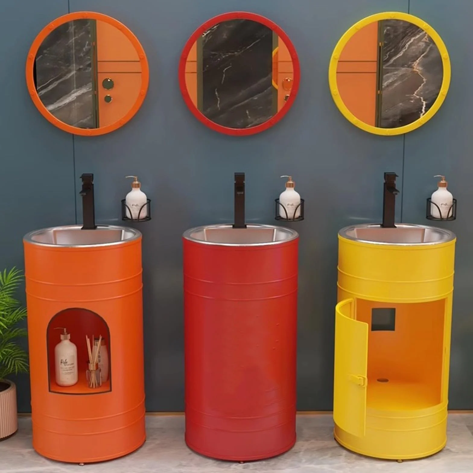 Fregadero de baño de columna redonda con fregadero de acero inoxidable, fregadero de baño independiente, fregadero de baño creativo de metal con grifo, kit de drenaje independiente (rojo, C)