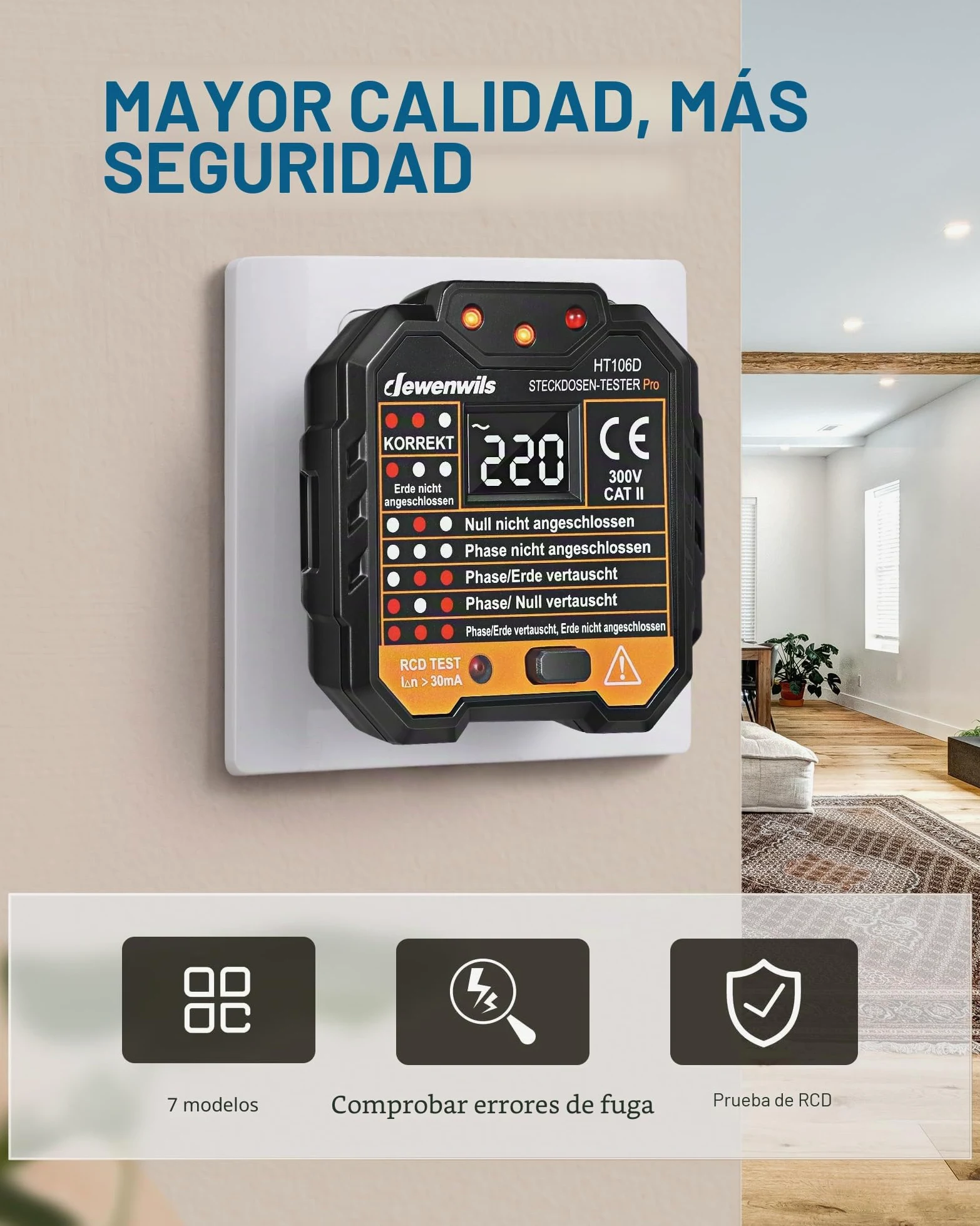 DEWENWILS Probador de Enchufes con Prueba RCD y Pantalla de Voltaje LCD, Pantalla de Luz Indicadora, Prueba FI, 48-250V/45-65Hz, CAT ll 300V