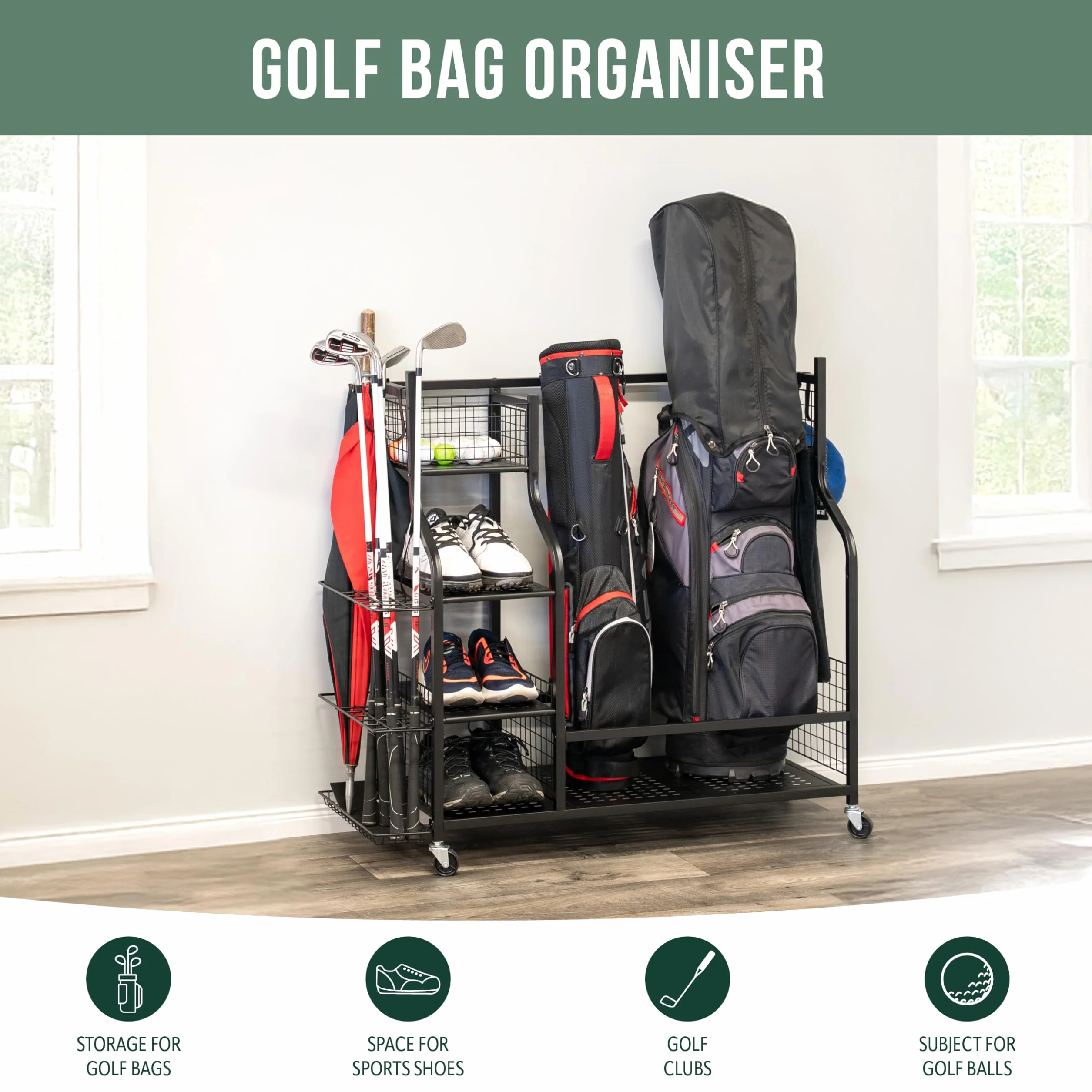 eluno Organizador de bolsas de golf con estantes estables y cestas, estante de almacenamiento para 2 bolsas de golf y accesorios de equipo de golf, soporte para bolsas de golf, de acero negro