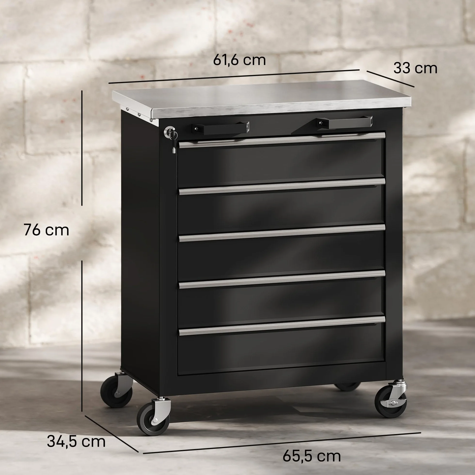 HOMCOM Carro de Herramientas 5 Cajones con Cerradura, Taller con Ruedas, Encimera Acero Inoxidable, Negro Plata