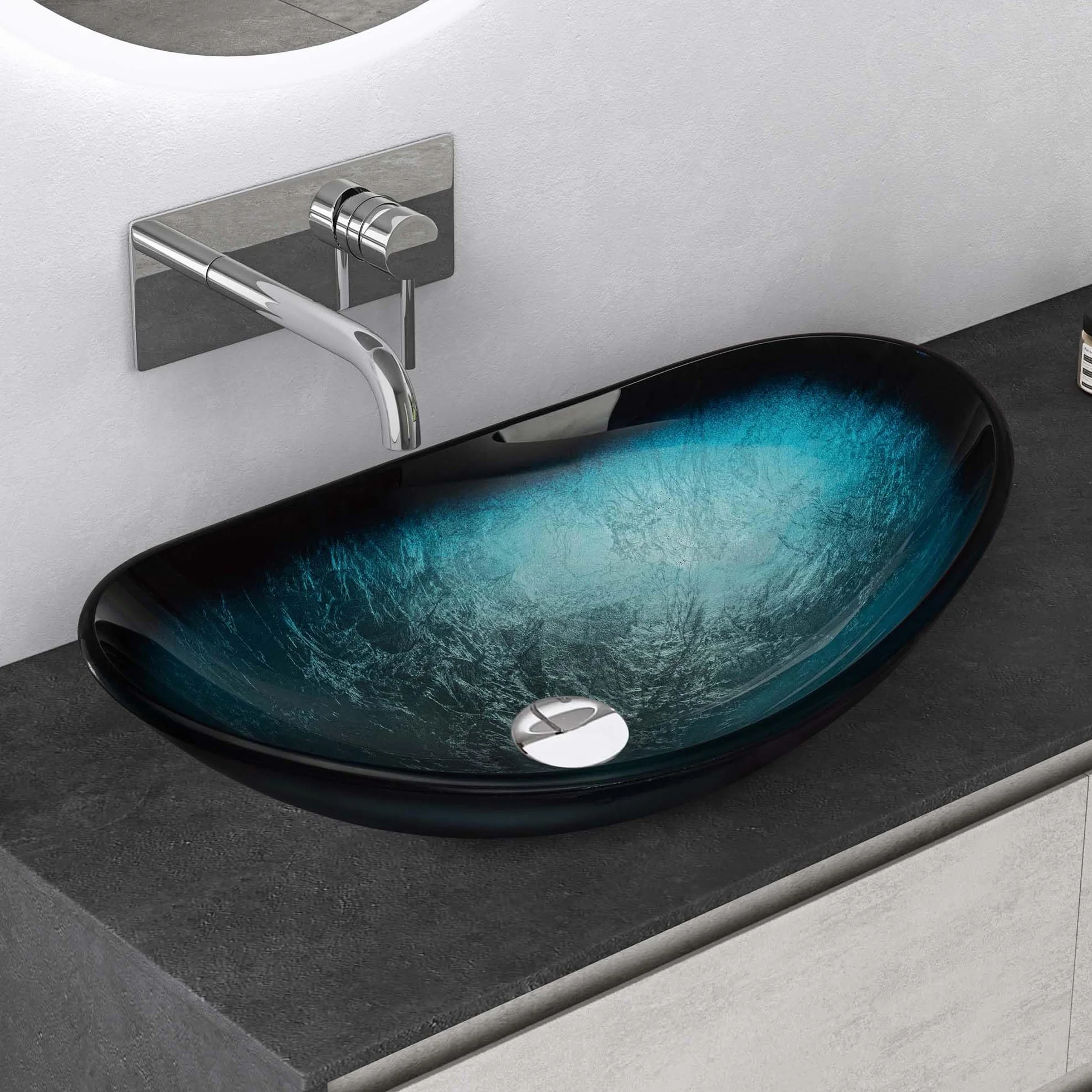 Mai & Mai Lavabo sobre Encimera Lavabo Baño | Ovalado | Vidrio | Azul | 53,5x35,5x16 cm | sin Orificio para Grifo sin Rebosadero | Minerva08