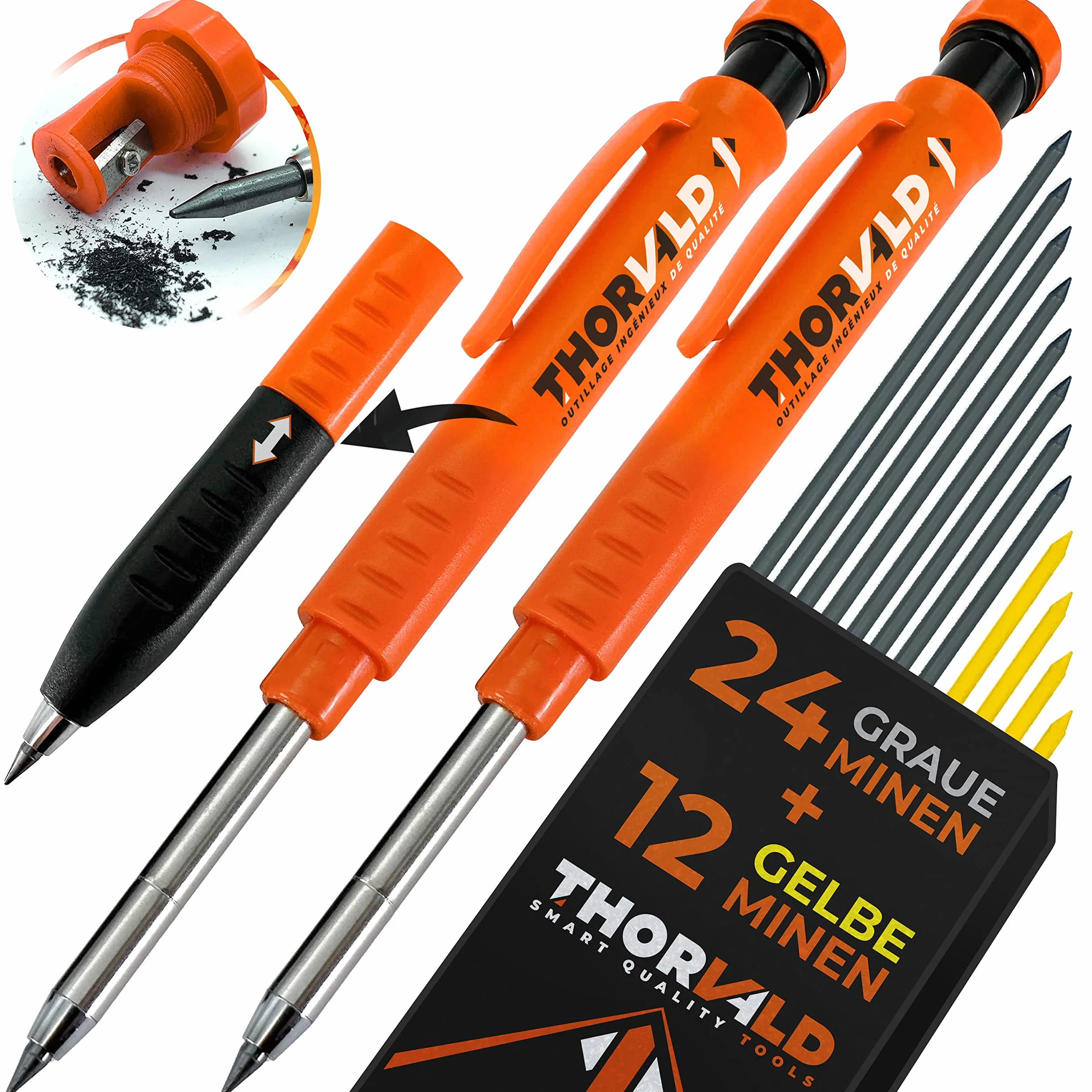THORVALD 2 PRO Lápiz de construcción extensible [+ 38 MINE de soporte múltiple + Tamaño de mina + Agarre fácil de escribir] Portaminas para carpintero DIY Dibujo Trazado Madera aceitosa Metal Concret