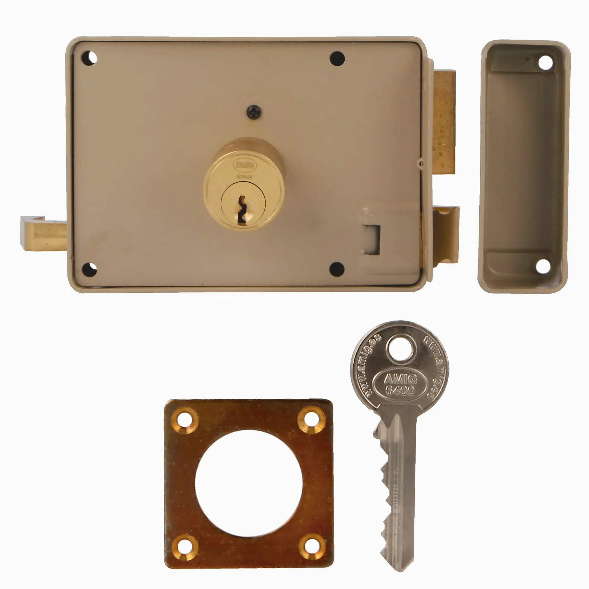 Amig - Cerradura de Sobreponer de Izquierda con palanca de Cierre, Lengüeta y Tirador para Puertas de Madera Mod. 78-120 x 85 mm - Pestillo con Cilindro Redondo de Serreta - Acero Beige