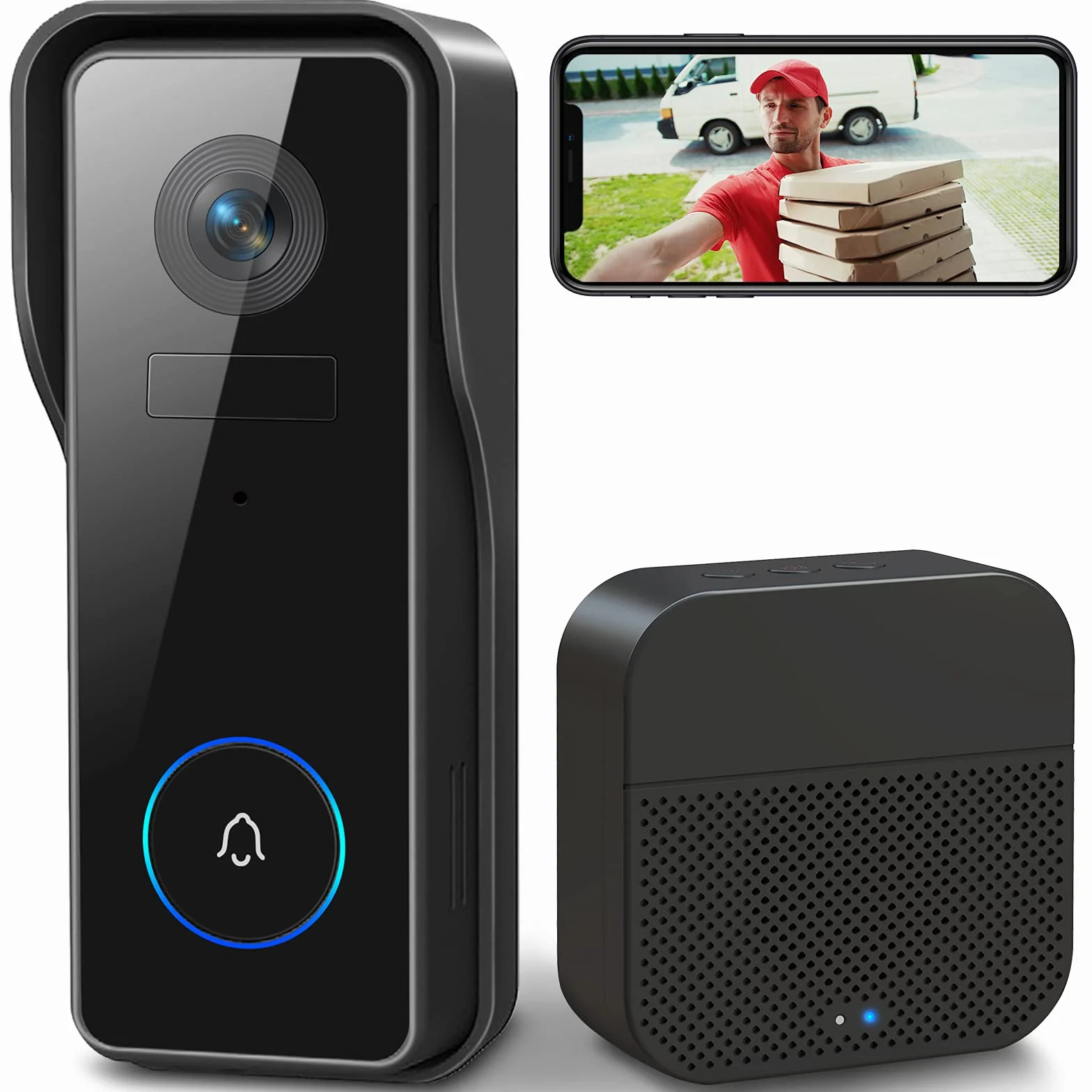 XTU Timbre Inalámbrico con Cámara WiFi, 2K HD Vídeo Timbre Puerta Inteligente con Cámara,Detección Humana PIR,Visión Nocturna,Audio Bidireccional,SD y Almacenamiento en la Nube, IP66 Impermeable