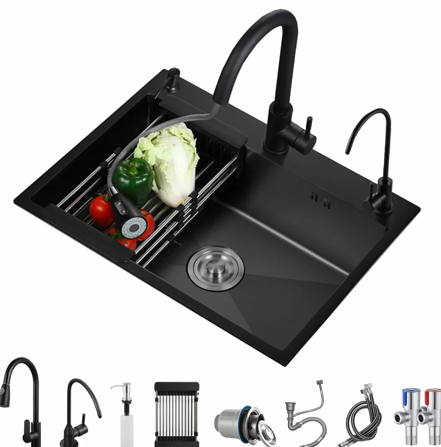 Fregadero De Cocina De Acero Inoxidable, Color Negro, 1 Cuenco, Fregadero De Cocina Grande, Con Cesta Plegable Y Dispensador De Jabón, Sifón Y Rebosadero (68 x 45 cm)