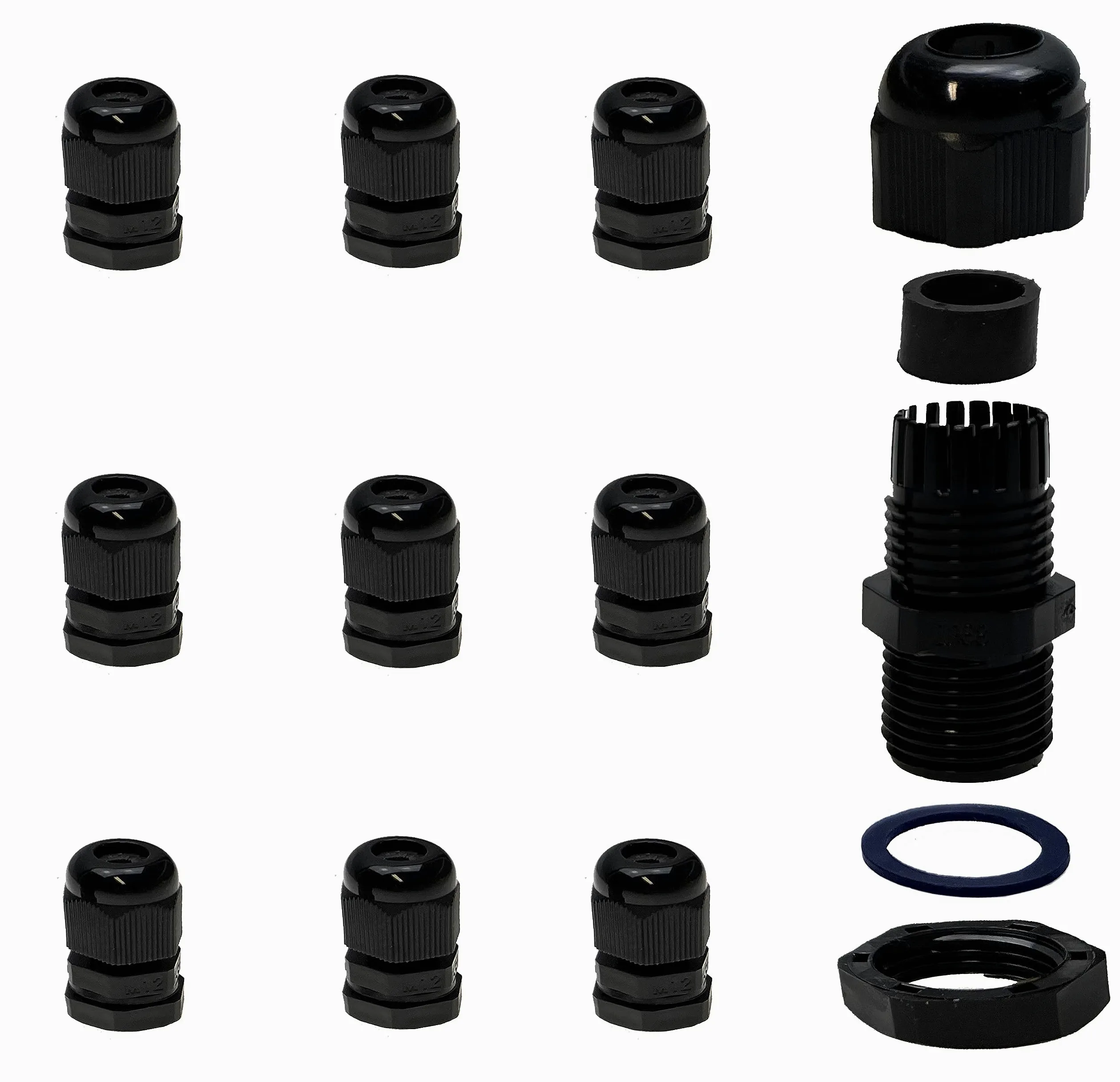 Alkan Glándulas de cable de plástico M12 x 1,5 IP68, 10 unidades, 3-6,5 mm | Pasacables métricos negros con contratuerca, impermeable IP68, paso de cable para cables y cables