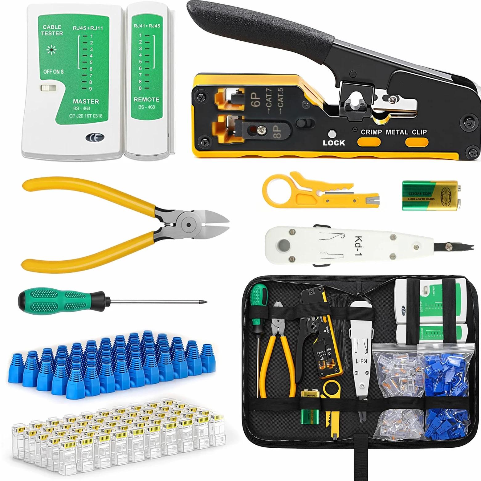 Crimpadora RJ45 Kit Herramientas de Red SOARFLY | Juego Completo con Conectores RJ45 Pasantes Cat5/Cat6/Cat7, 50 PCS Conectores, Pelacables, Comprobador de Red y Compatibilidad con RJ11/RJ12/RJ45