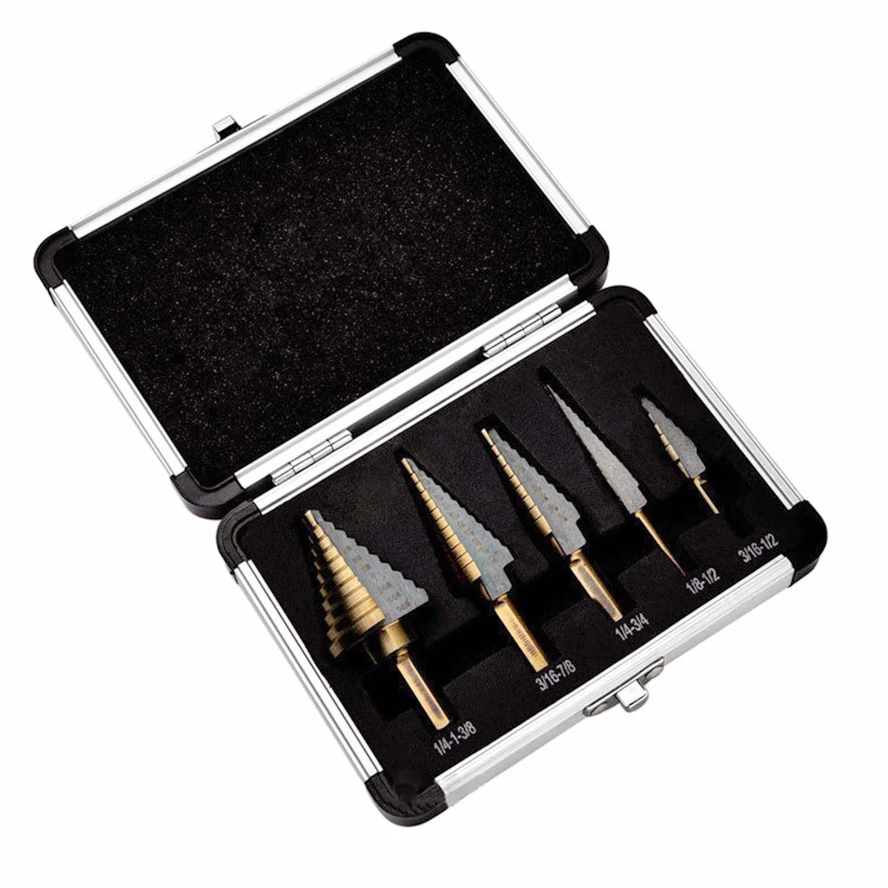HSS Titanio Broca Escalonada 5 piezas 1/4-1-3/8 "3/16-7/8" 1/4-3/4 "1/8-1/2" 3/16-1/2" Multifunción Pagoda Taladro Brocas Metal Drill con Caja de Aluminio DC14