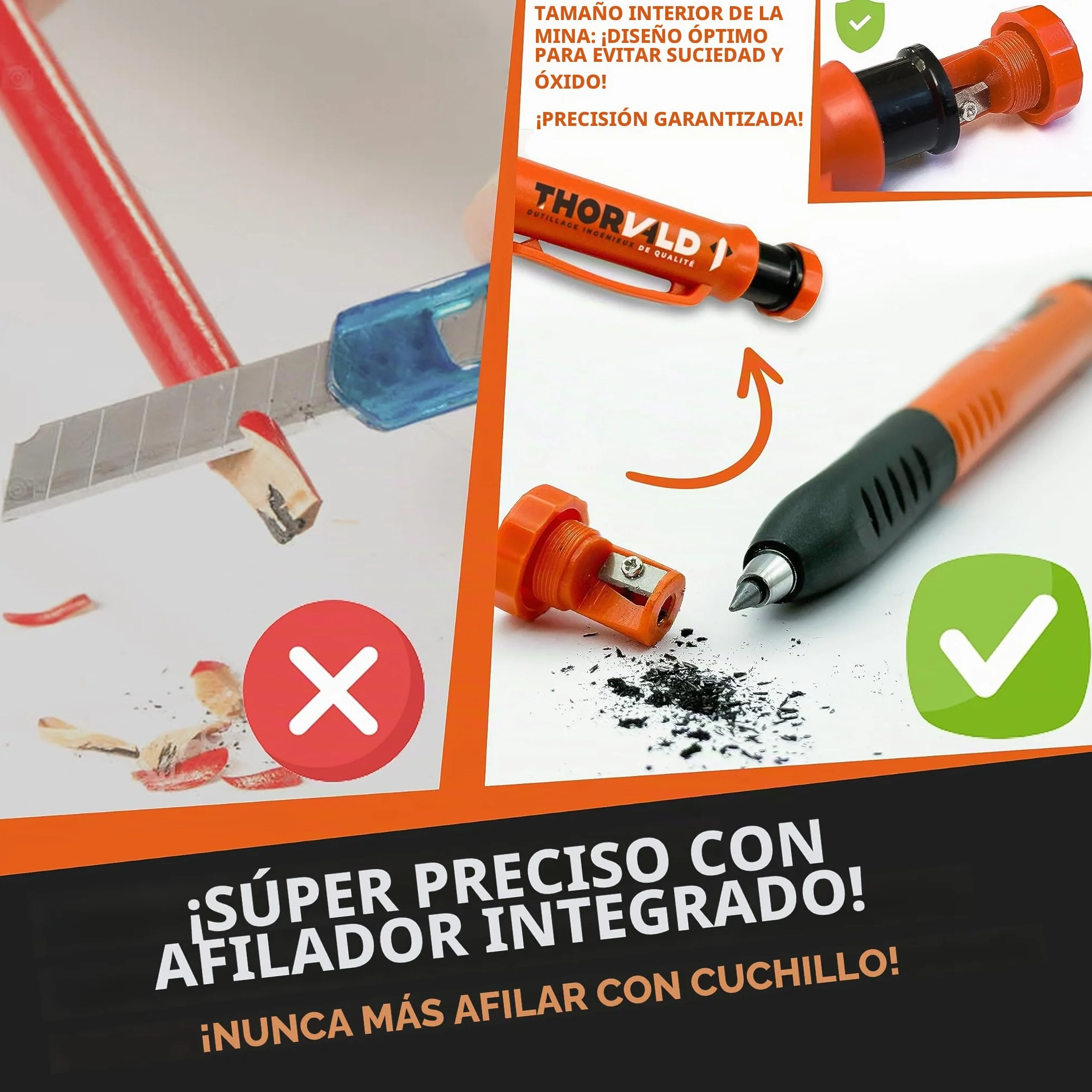 THORVALD 2 PRO Lápiz de construcción extensible [+ 38 MINE de soporte múltiple + Tamaño de mina + Agarre fácil de escribir] Portaminas para carpintero DIY Dibujo Trazado Madera aceitosa Metal Concret