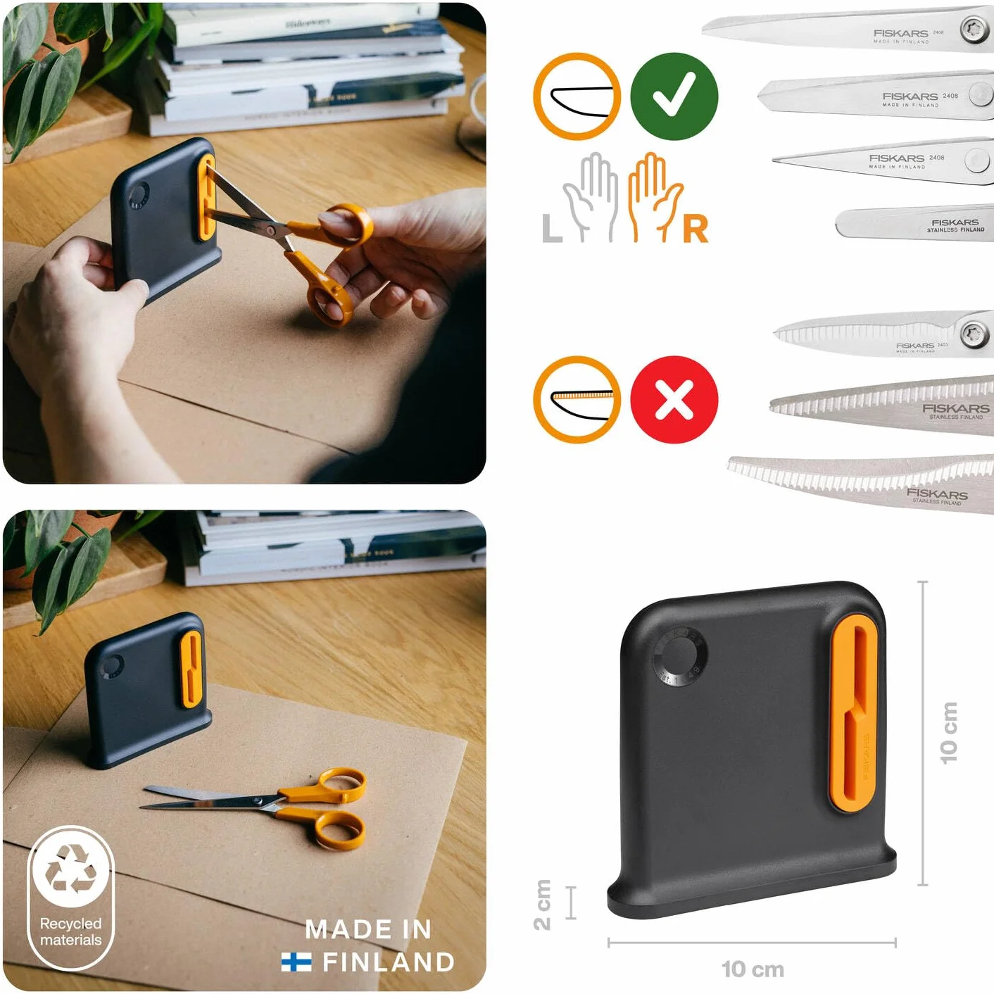 Fiskars Afilador de Tijeras, Idóneo Para Tijeras Multiusos Para Diestros, Diseño Ergonómico, Mínimo 55% de Material Reciclado, Carcasa de ABS Reciclado al 80%, Negro/Naranja, 1081129