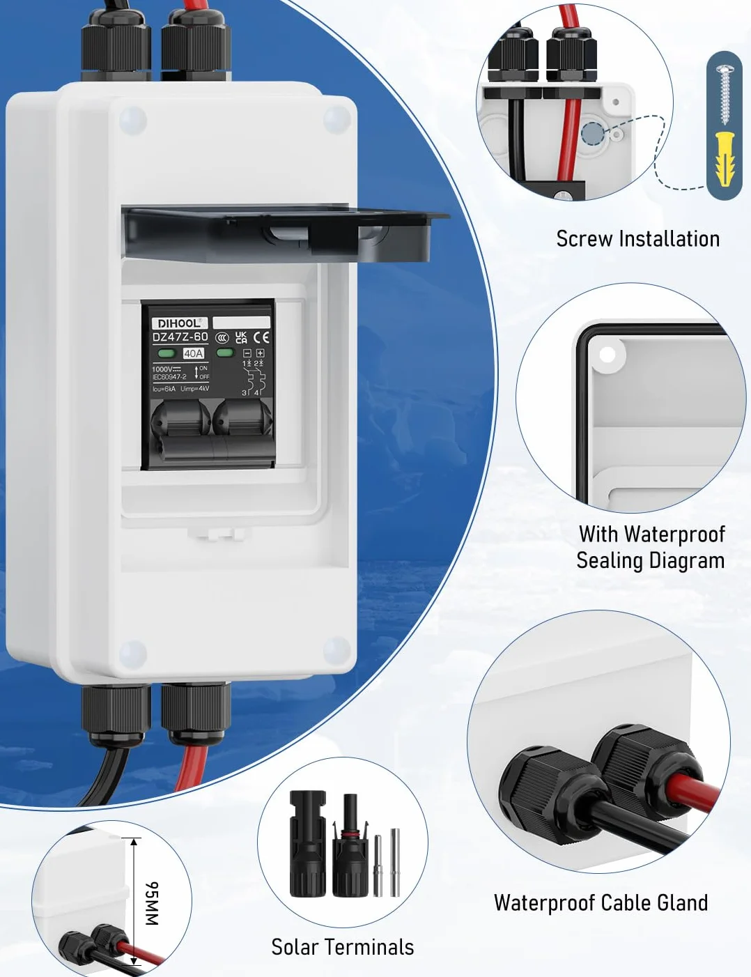 DIHOOL 40A 1000V interruptor de protección de circuito DC disyuntor de protección fotovoltaica con carcasa IP65 impermeable conector solar cable para instalaciones solares