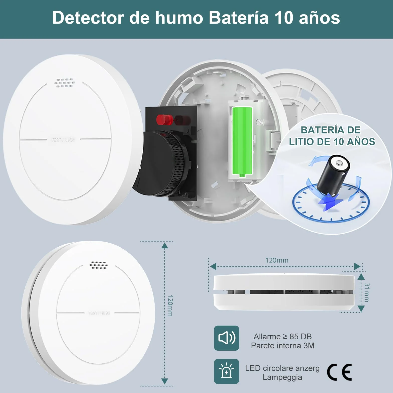 Safeliveo Detector de Humo WiFi interconectado con batería de 10 años, Juego de 5, Certificado TUV Rheinland