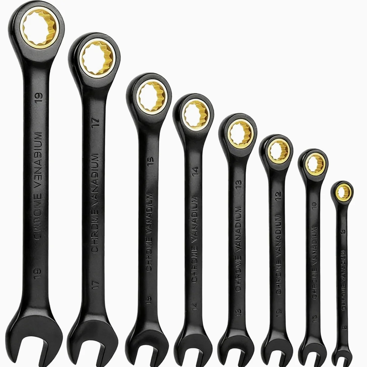 8 piezas Llave Fija con Carraca, Juego de Llaves de Carraca, Métricas 8-19mm, 72 Dientes, Juego de Llaves Combinadas, para Reparación de Coches, Mantenimiento de Motos y Mantenimiento Mecánico