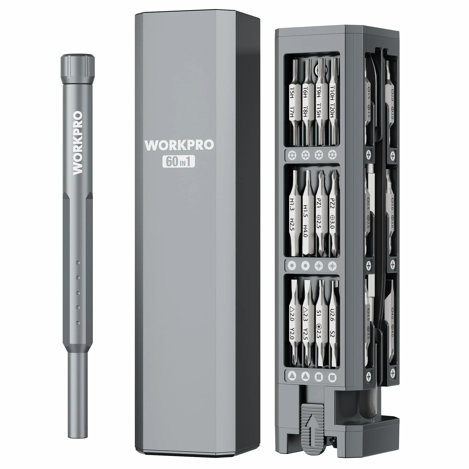 WORKPRO Destornilladores Precisión 60 en 1, Puntas Magnéticas CR-V | Estuche Compacto de Aluminio con Mango Giratorio para Reparar Electrónica, Gafas, Relojes y Móviles