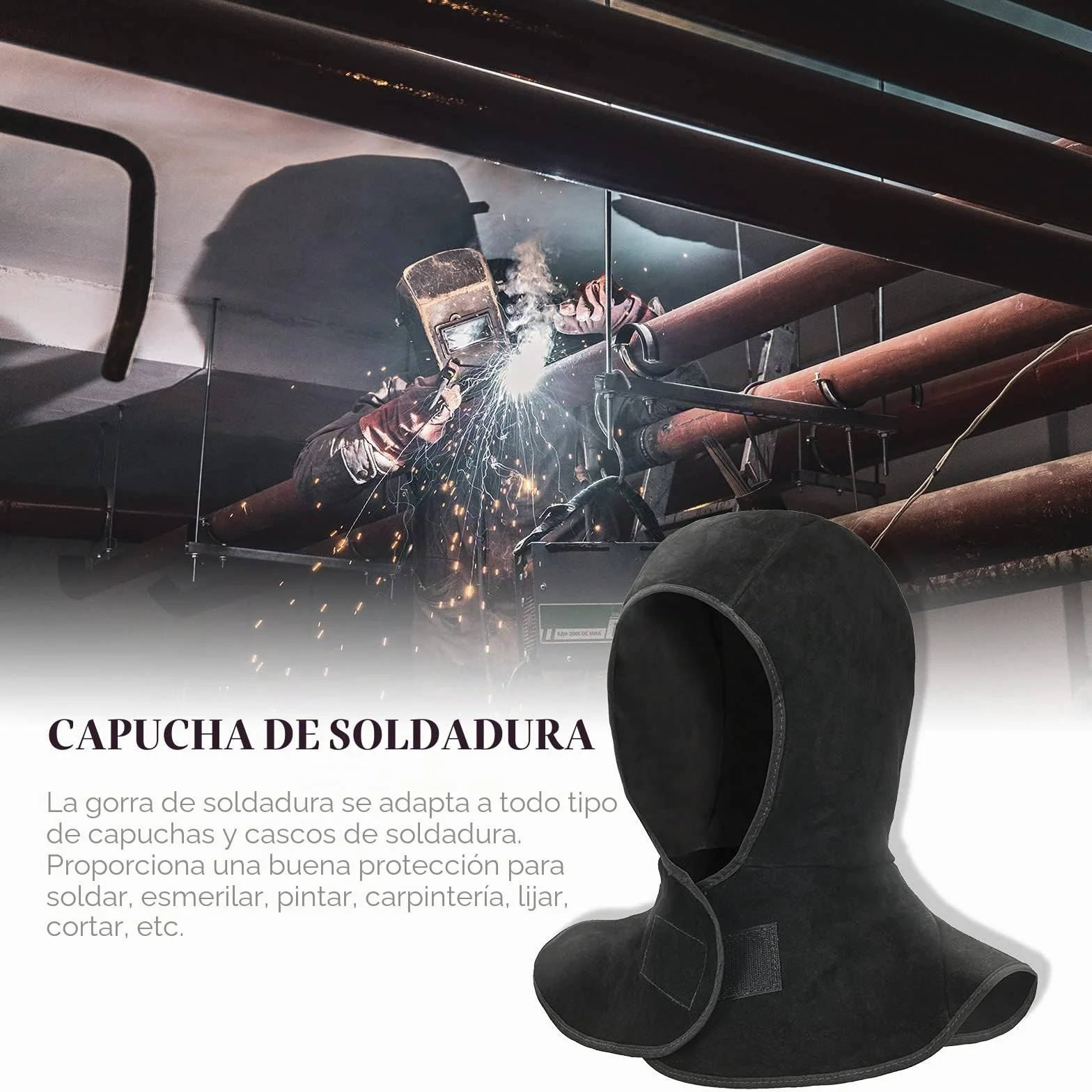 Capucha de soldadura, LeaSeek Casco de soldadura de cuero de vaca dividido con protección para el cuello y los hombros, protección para la cabeza, Casco de soldador negro, Capucha de soldador (negro)