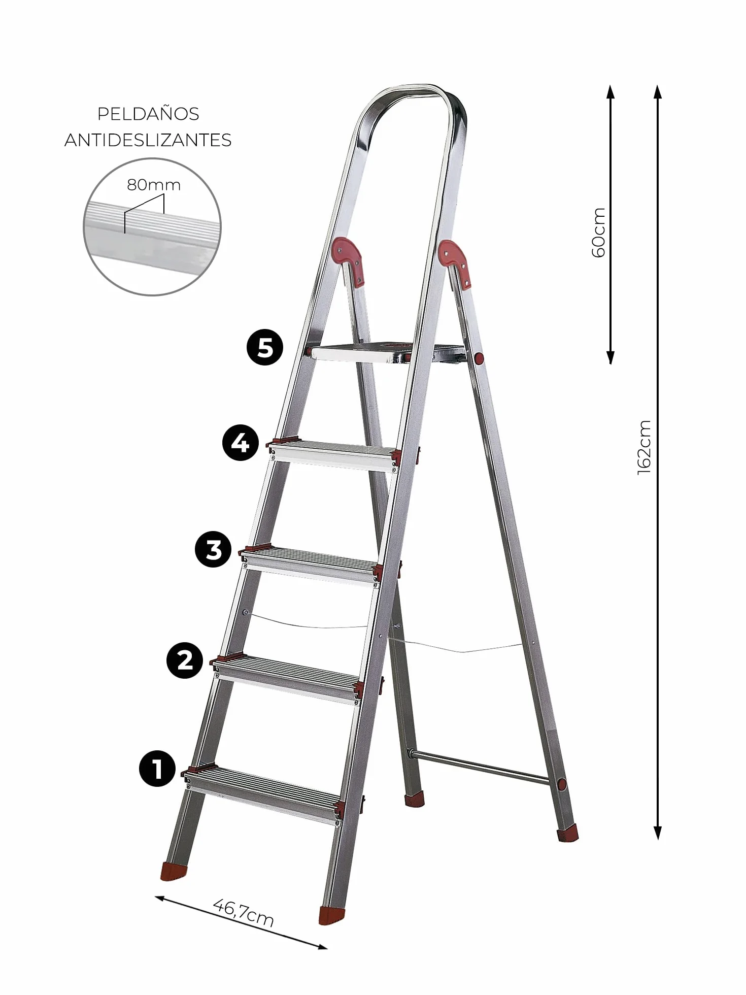 Escalera Aluminio Rolser Unica 5 Peldaños. Certificada según Norma Europea EN-131 para Uso doméstico y Profesional.