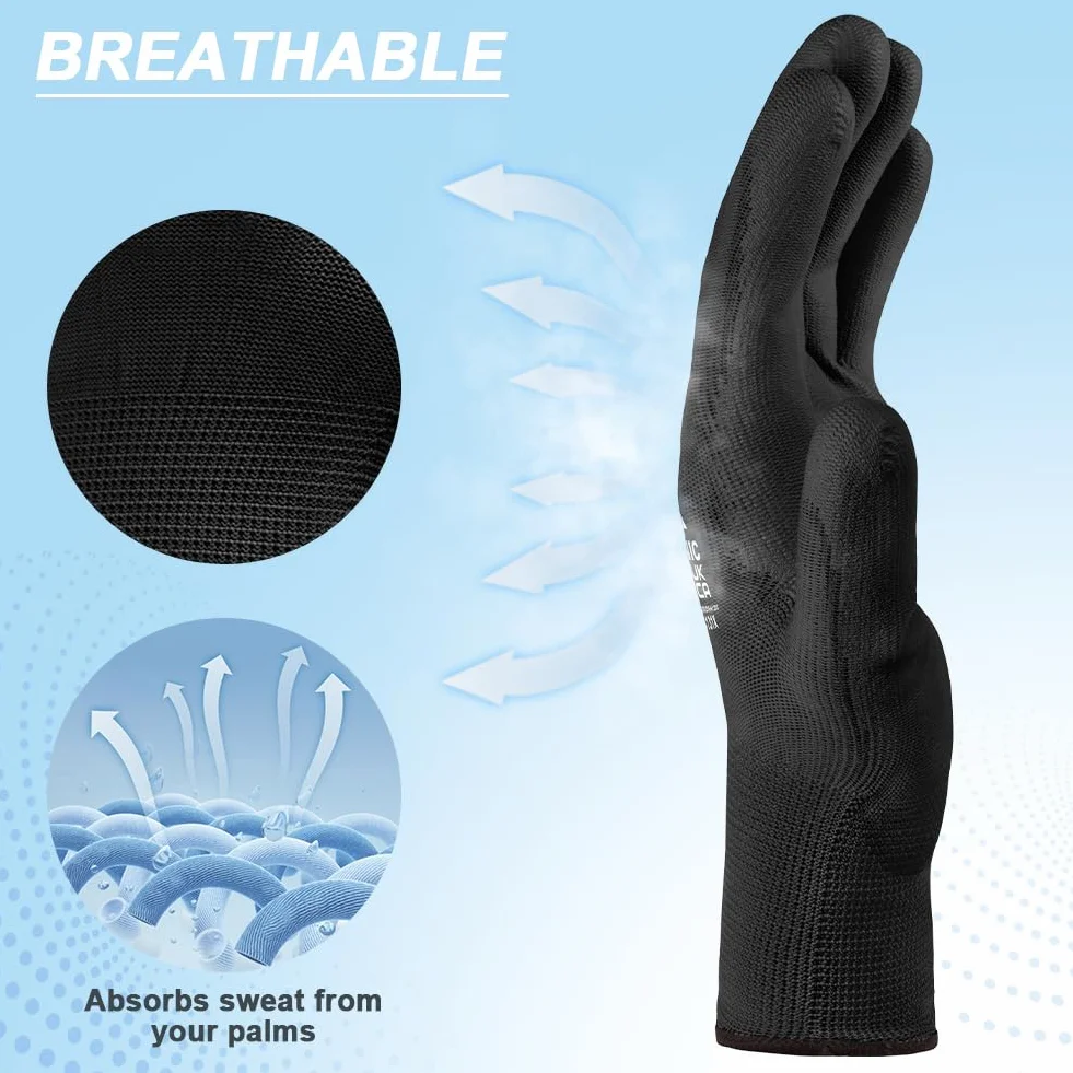 Flintronic Guantes de Trabajo Profesionales 12 Pares Recubrimiento Poliéster PU Negro L-9