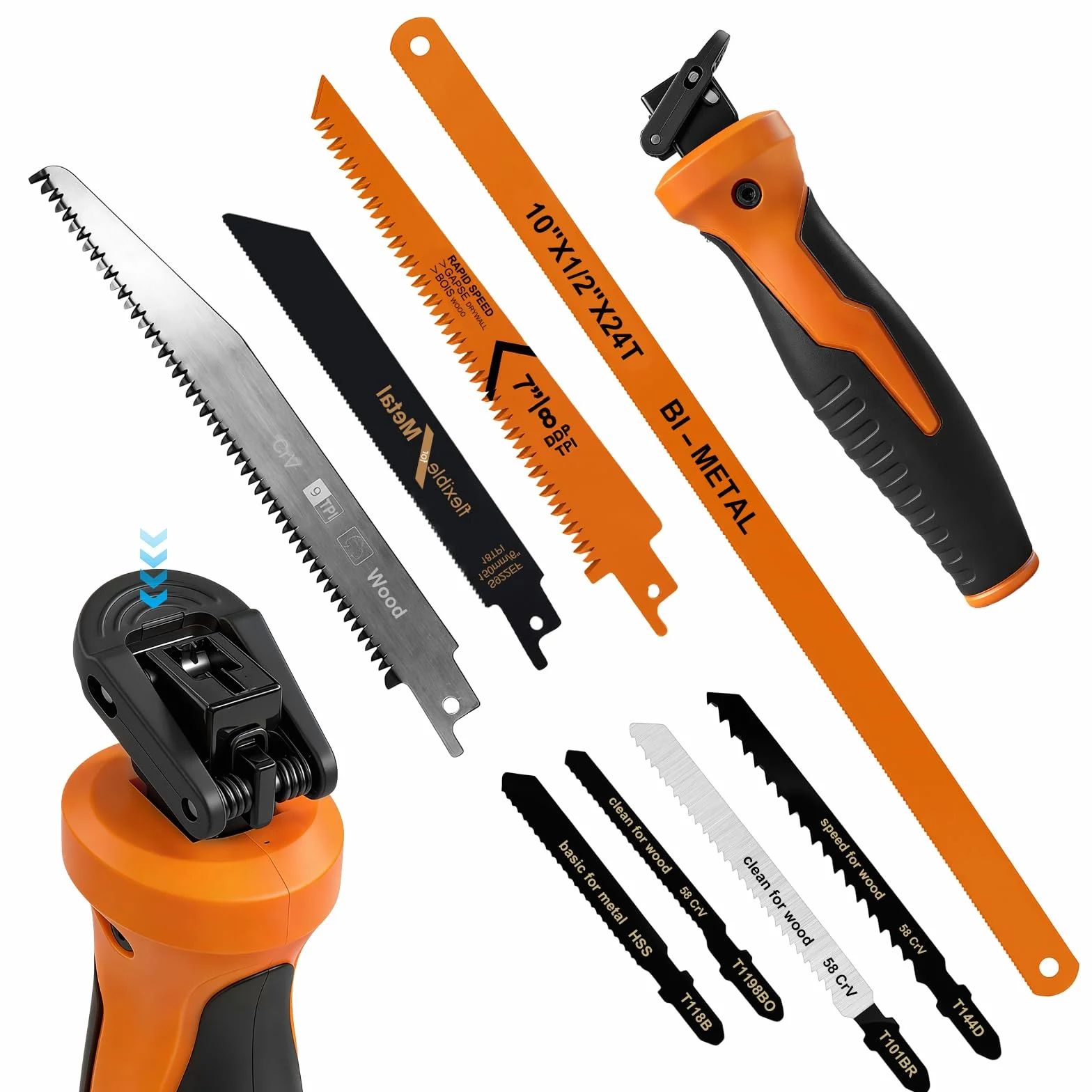 Flintronic Set de Sierra Metálica 8 en 1, Mini Sierra para Bricolaje con 8 Hojas de Sierra, Diseño Autobloqueante y Mango Ergonómico, para Metal, Madera y Plástico