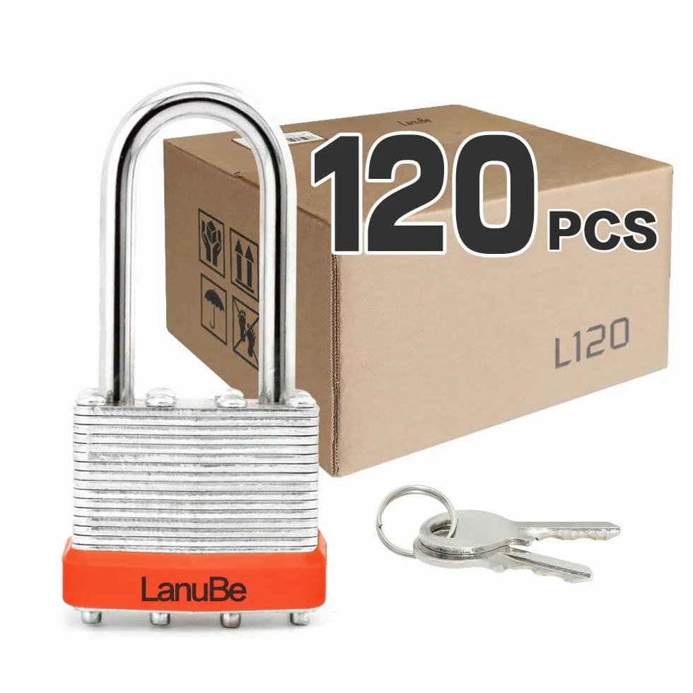 LanuBe Candado laminado con llave (1-9/16 pulgadas, 40 mm), cerraduras iguales con llave, grillete largo, aro de plástico naranja marcado, paquete de 120