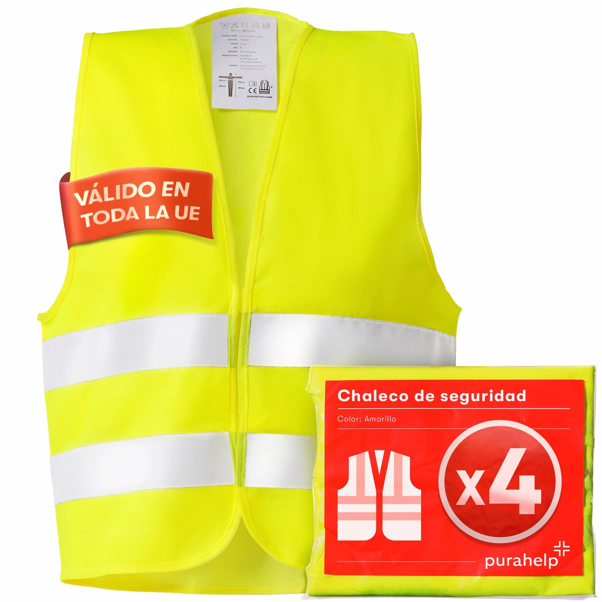 PURAHELP Set de 4 Chalecos Reflectantes para Coche - Alta Visibilidad - Conforme a la Normativa Europea EN ISO 20471 - Chalecos de Seguridad Amarillos - Chalecos de Seguridad para Adultos