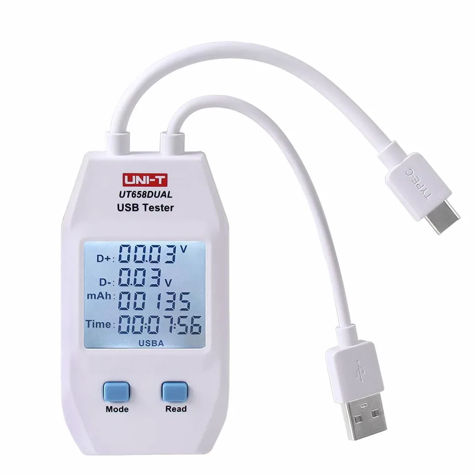UNI-T UT658 USB Detector de Medidor de Corriente y Voltaje Cargadores de Amperímetro del Voltímetro Capacidad Tester Monitor con pantalla LED (Dual Interfaz de tipo A y Tipo C)
