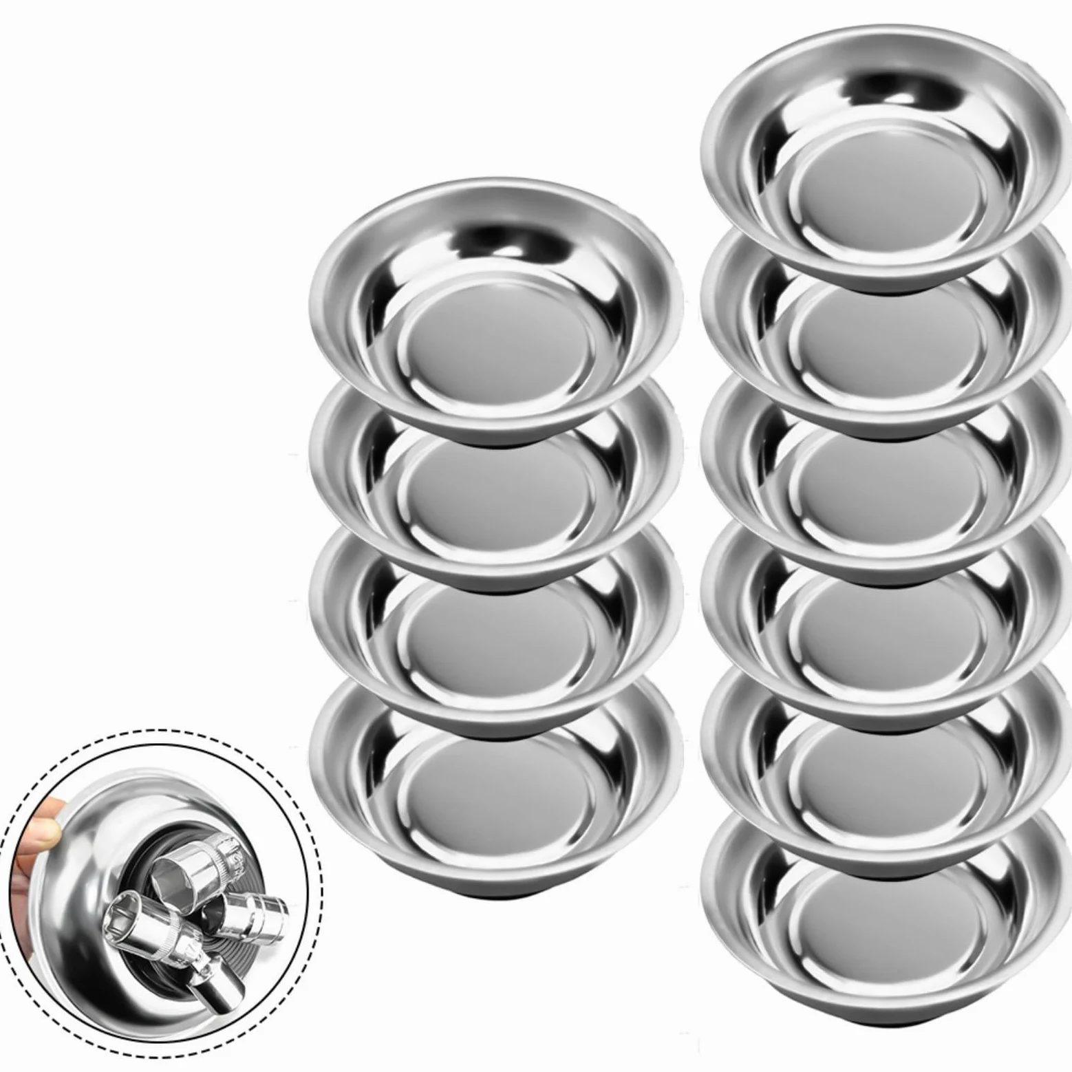 Paquete de 10 bandejas magnéticas de acero inoxidable de 3 pulgadas con base antideslizante para taller, garaje y organización de cajas de herramientas