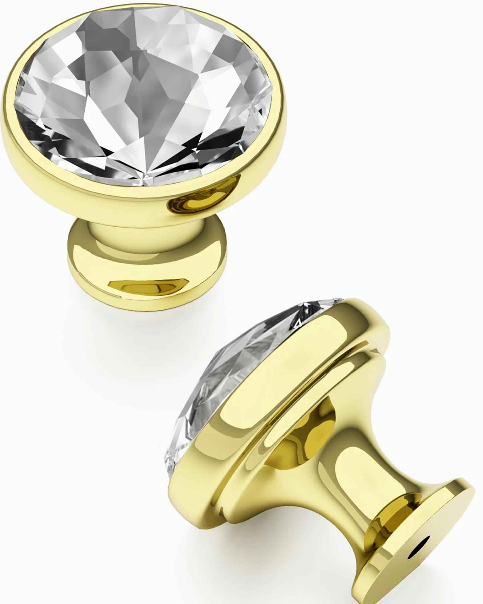 FURNIWARE - 10 piezas de pomos de gabinete de cristal con 2 tamaños de tornillos, tiradores de cajón de 34,2 mm, elegante oro diamante, orificio único transparente para armarios de cocina, cómoda
