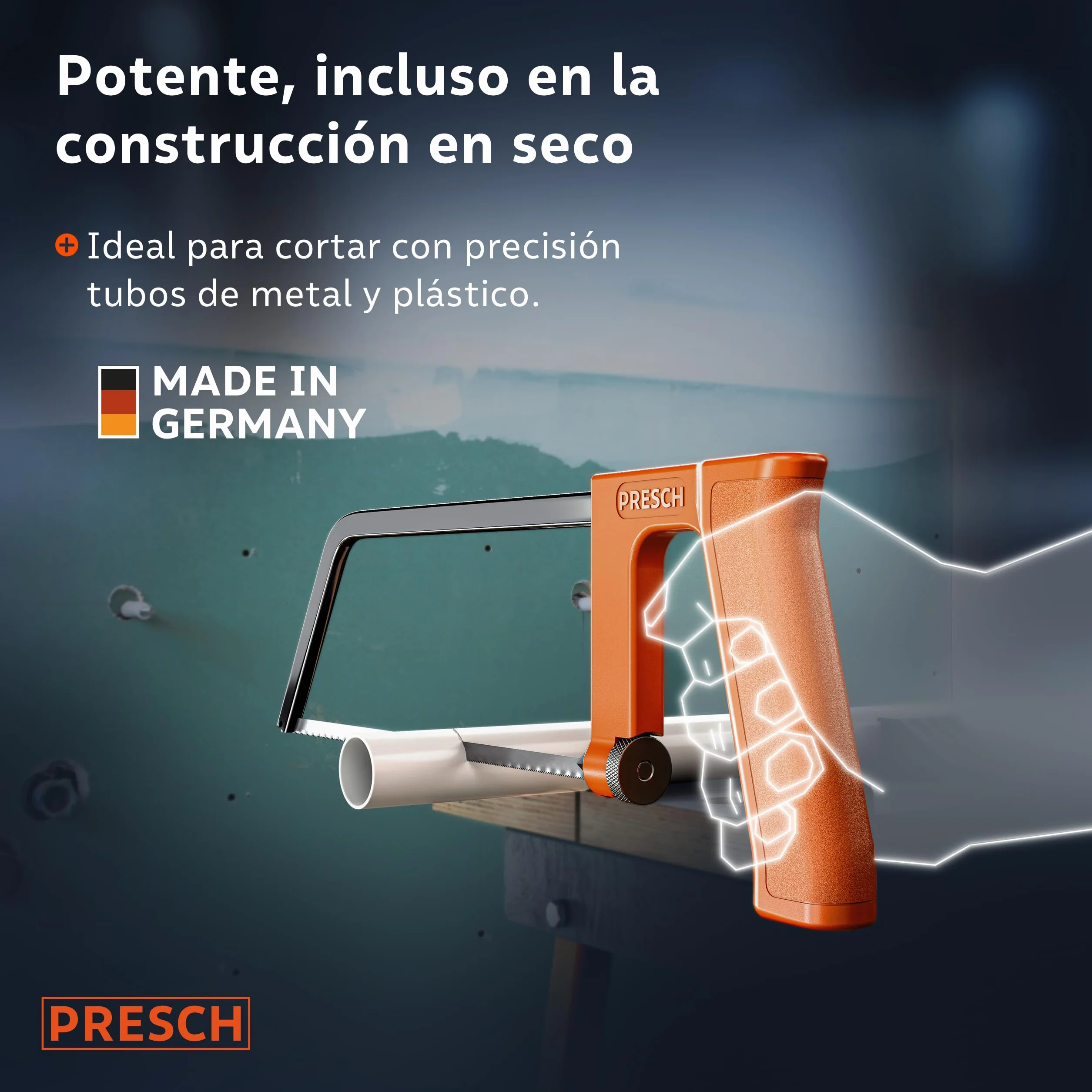 Presch Sierra de metal 200mm - Con hoja de sierra universal para cortes precisos - Cambio rápido de hojas de sierra - Mango ergonómico para serrar mejor - Sierra de arco pequeña, Sierra manual