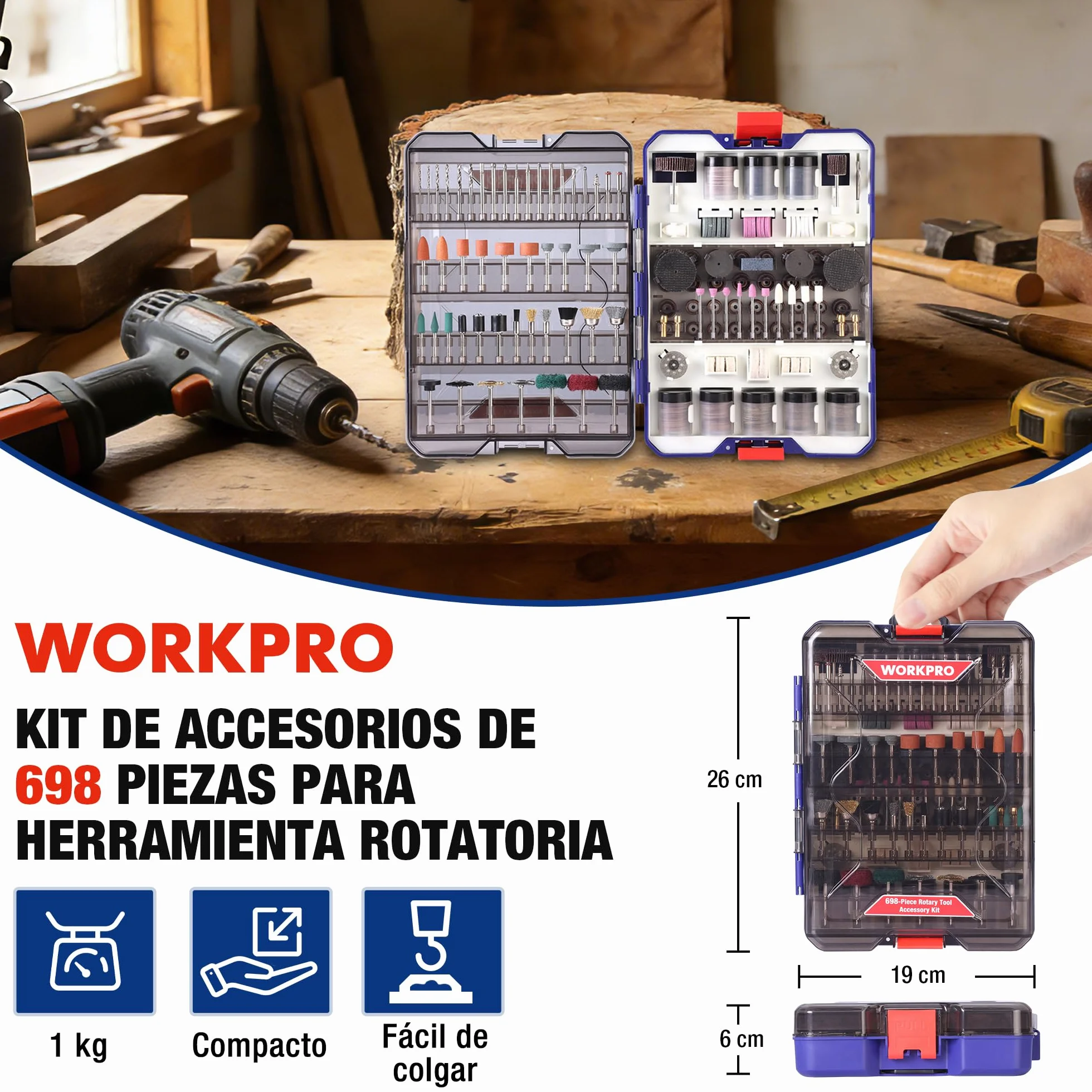 WORKPRO Kit de 698 Accesorios Multifunción para Herramienta Rotativa Dremel u Otro, Juego de Brocas de Herramienta Giratorias para Cortar, Lijar, Moler, Tallar, Pulir, Taladrar y Grabar