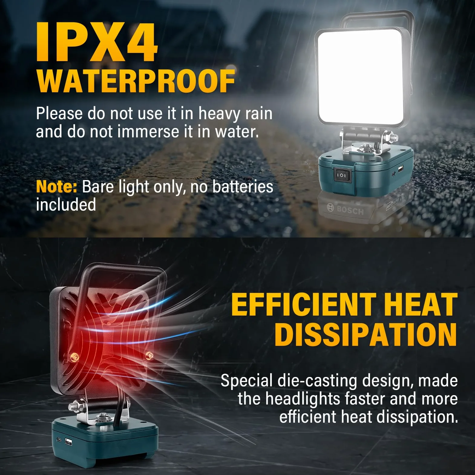 RIGIDON recargable portatil foco de trabajo led para batería bosch 18V /20V | sin batería, 4 pulgadas, 48W 4800lm, foco led Lámpara, para camping trabajo pesca construcción, emergencia, 6000K blanca