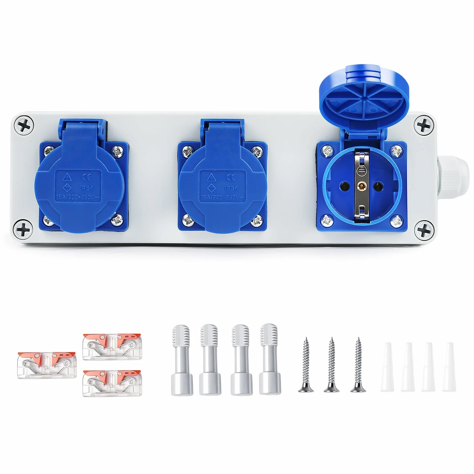 Distribuidor de Enchufes de Pared Caja de Distribución Tomas Schuko 3 x 220V IP54 Distribuidor de Pared 16A con Cubierta Protectora Individual para Talleres, Interiores y Exteriores