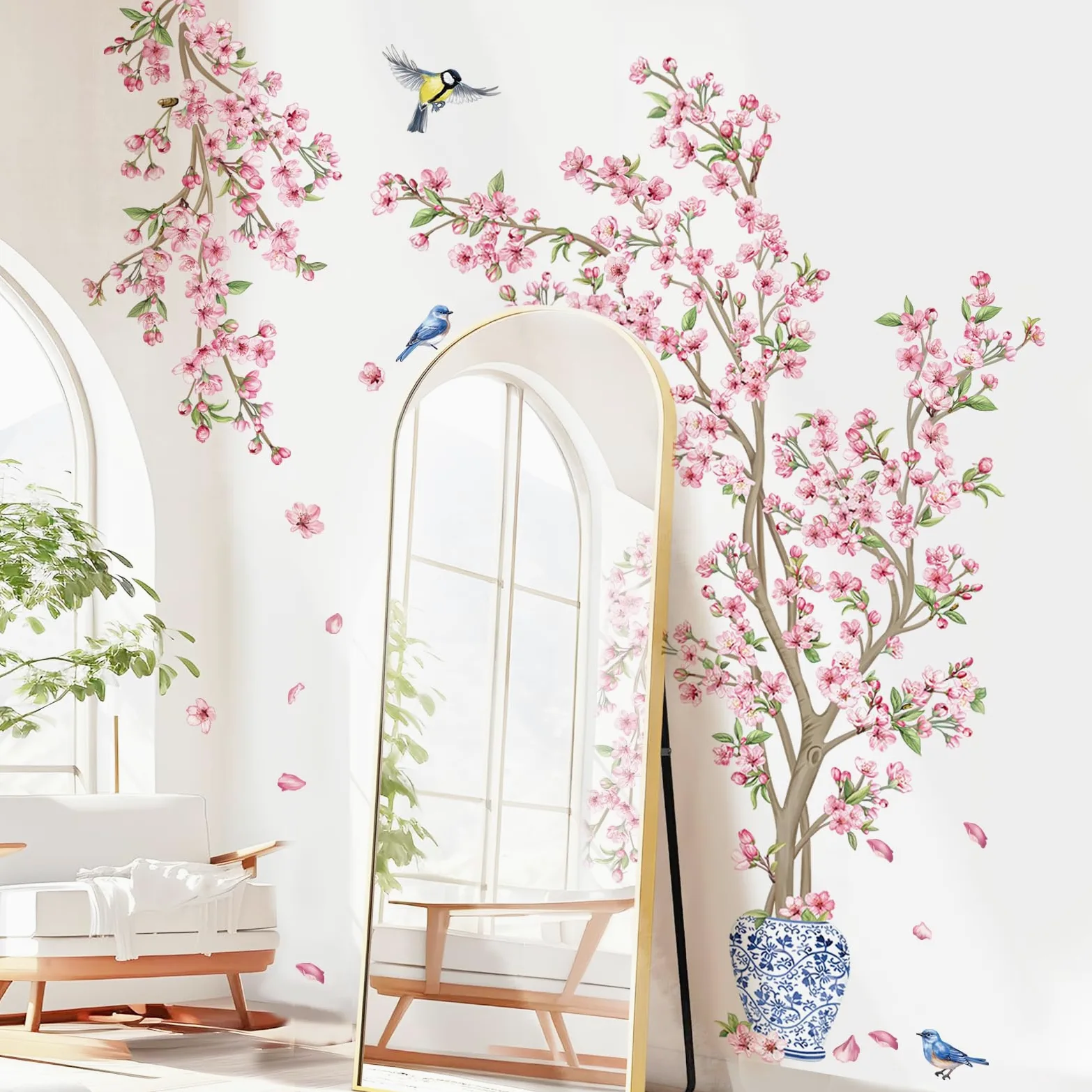 decalmile Pegatinas de Pared Flor de Cerezo Árbol Grande Rosa Vinilos Decorativos Árbol de Cerezo Ramas Flores Pájaros Adhesivos Pared Habitación Niña Dormitorio Salón