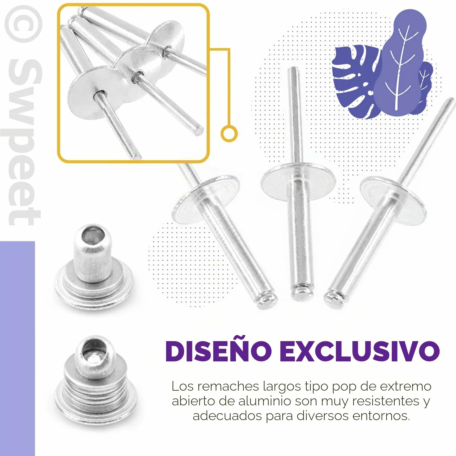 Swpeet 261 Pistolas de Remache Pop de 3/16 Pulgadas 1/8 Pulgadas 5/32 Pulgadas M3.2/4/4.8 de 13 Pulgadas y 3 Cabezales de Remache Intercambiables con Brida Grande de Aluminio, Kit Surtido de Ciegos